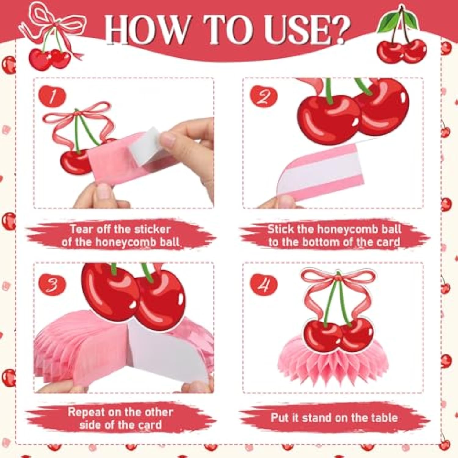Cherry Birthday Party Decorations - 9 Pcs Pink Bow Honeycomb Centerpieces For Girls Women Sweet Cherries Table Ornaments Sets Happy Paper Fruit Theme Supplies Red Coquette Display Decors