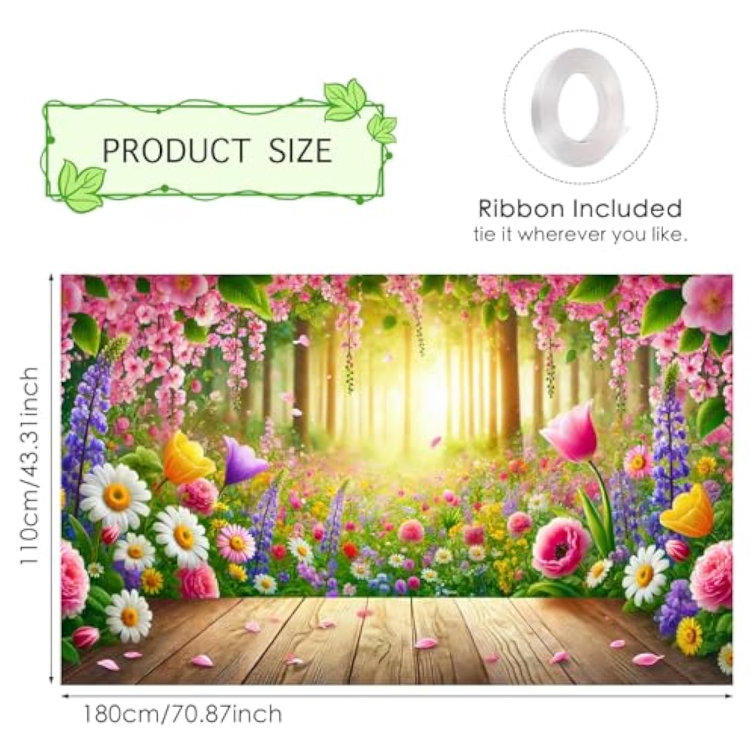 Hello Spring Banner - Wood Deck & Forest Floral Style - 71X43 Inches Polyester - Spring Banners For Outside - Banner For Patio, Garden, Pathway