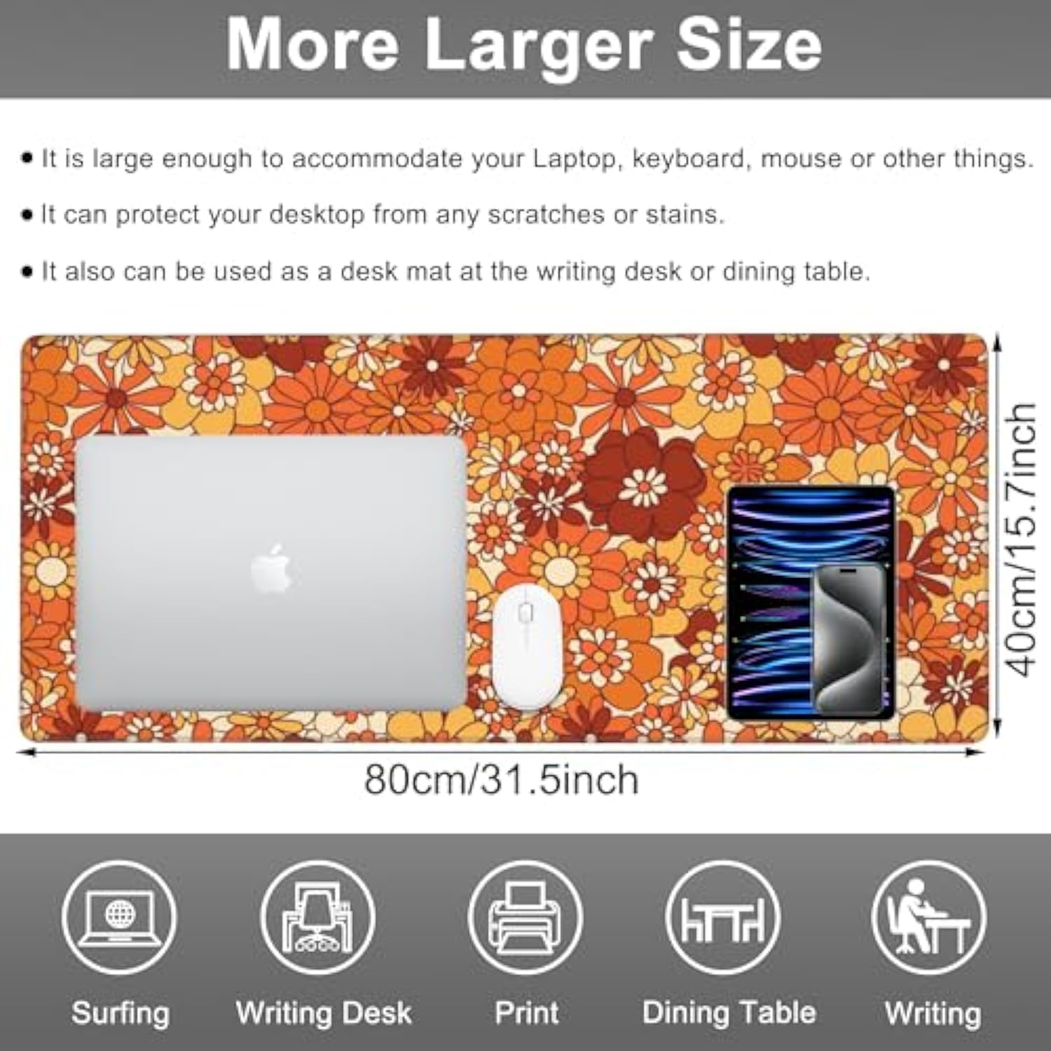 Mouse Pad, Large Retro Boho Hippie Flower Desk Mat, Extended Non-Slip Gaming Keyboard Mousepad Desk Pad, Thick Stitched Edges Waterproof Mouse Mat 31.5"X15.7" (Vintage Groovy Floral)
