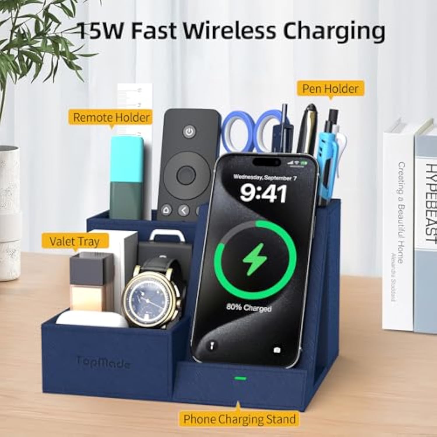Wireless Charger With Desk Nightstand Organizer, Leather Pen Pencil Holder Bedside Fast Charging Station, For Iphone Charging Stand Office Supplies Desk Accessories, Gifts For Men(Blue)