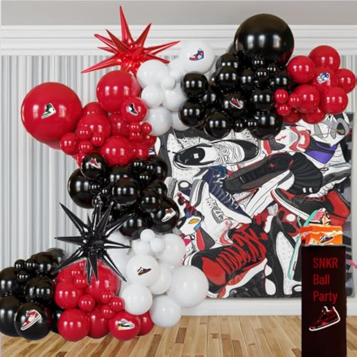 "128-Pc Red & Black Balloon Garland with Sneaker Stickers for Ladybug & Sports Parties"