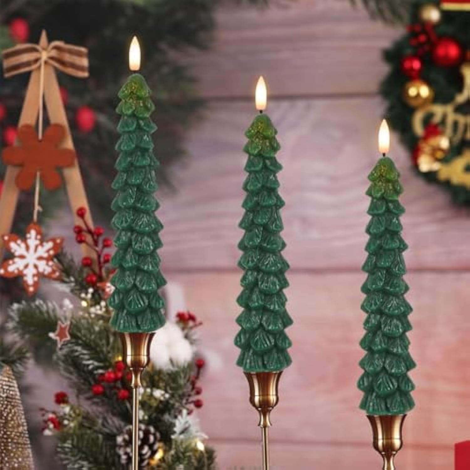 Christmas Tree Flameless Taper Candles Battery Operated With 10-Key Remote And Timer Real Wax Led Taper Candles 3D Wick Flickering Lifelike Leaves Dinner Xmas Holiday Decoration Set Of 4