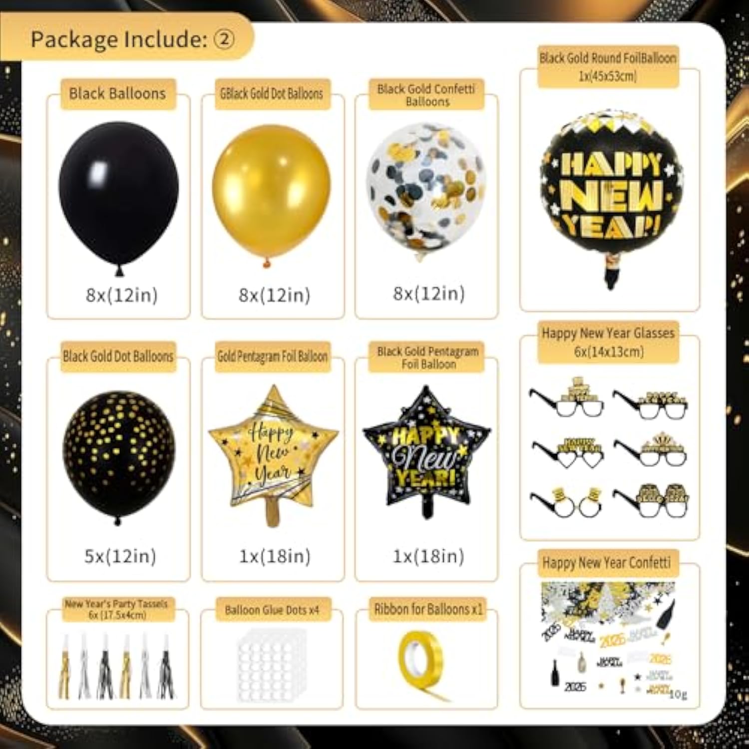 New Years Eve Party Supplies 2026, Black Gold 2026 Happy New Years Decorations Set Happy New Year Banner, Hats, Glasses, Blowouts, Latex Balloons, Curtains, Numbers 2026 Balloons, New Year Photo Props