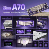 A70 Wireless Ergonomic Keyboard, 65% Alice Split Mechanical Keyboard W/Bluetooth/2.4Ghz/Wired, Rgb Gaming Keyboards With Knob And Gasket Mount, Hot Swappable Pre-Lubed Linear Switches