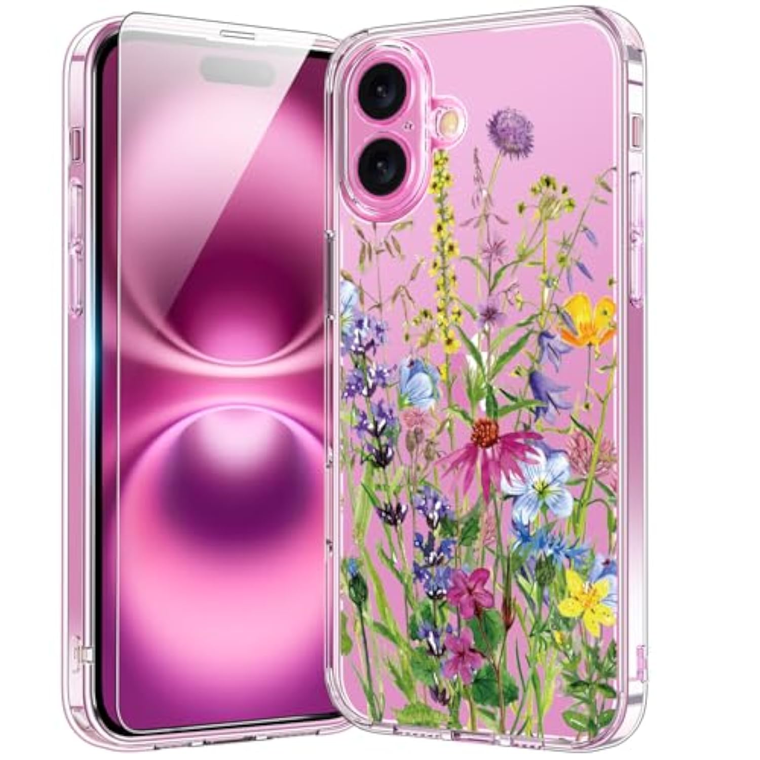For Iphone 16 Case With Screen Protector, Enhanced Camera Protection, Crystal Clear Cover With Fashionable Designs For Girls Women, Slim Fit Protective Phone Case 6.1" Blooming Flowers
