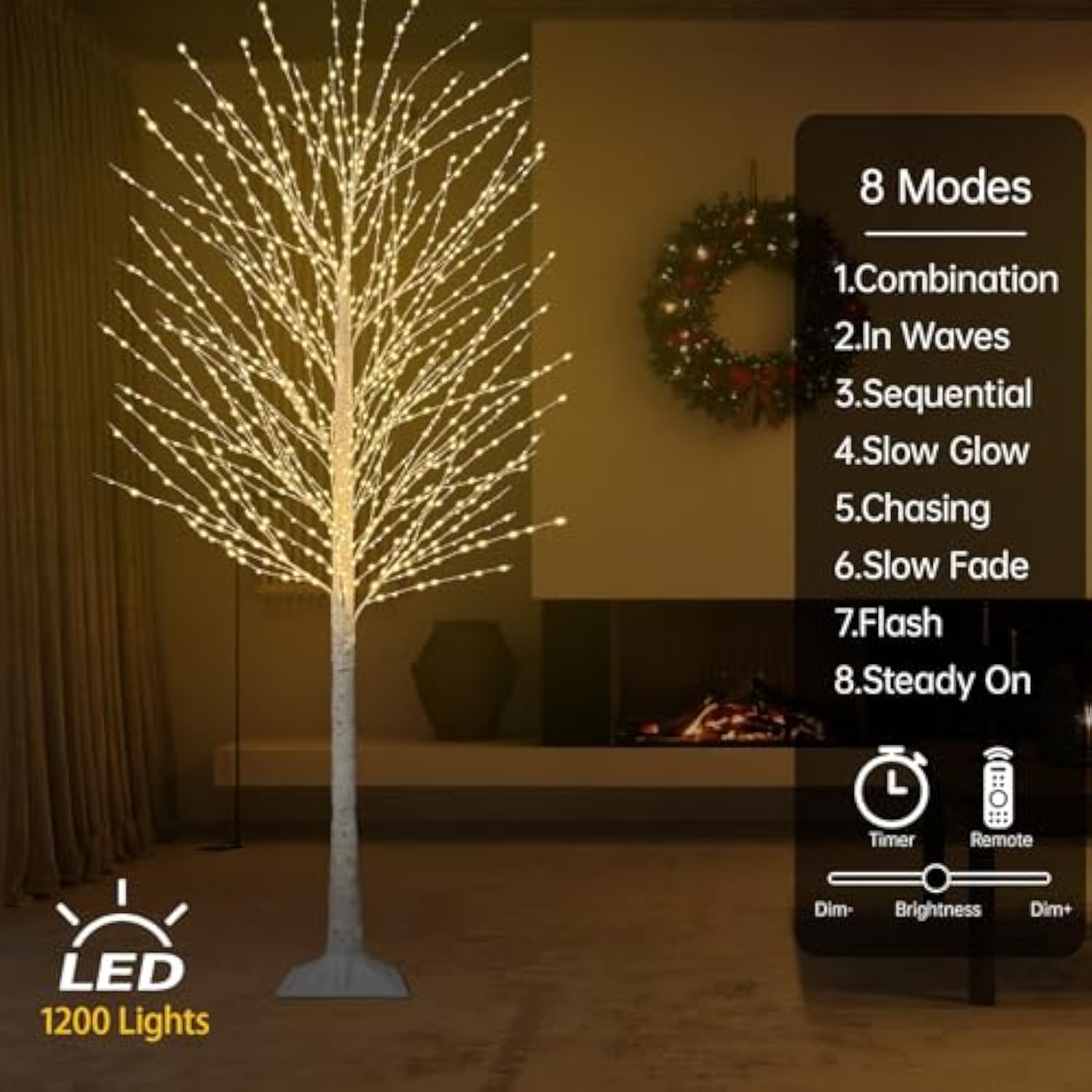 7Ft Lighted Birch Tree With 1200 Led Warm White Lights, 8 Modes, Timer Remote Faux Prelit Twig Christmas Tree, Light Up Trees For Indoor Outdoor Xmas Holiday Party Decoration