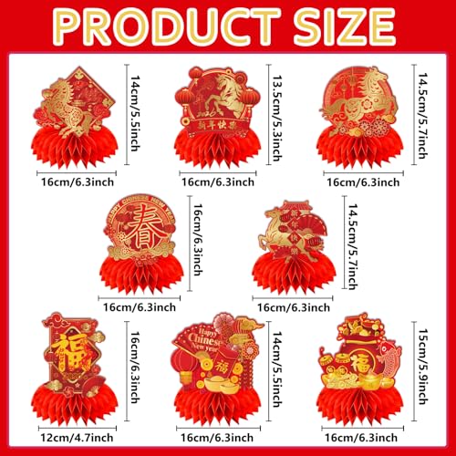 Chinese New Year Decorations 2026, 8 Pcs Happy Chinese New Year Honeycomb Centerpieces The Year of The Horse Table Centerpieces Spring Festival Red Table Topper Decor for Lunar New Year Decorations