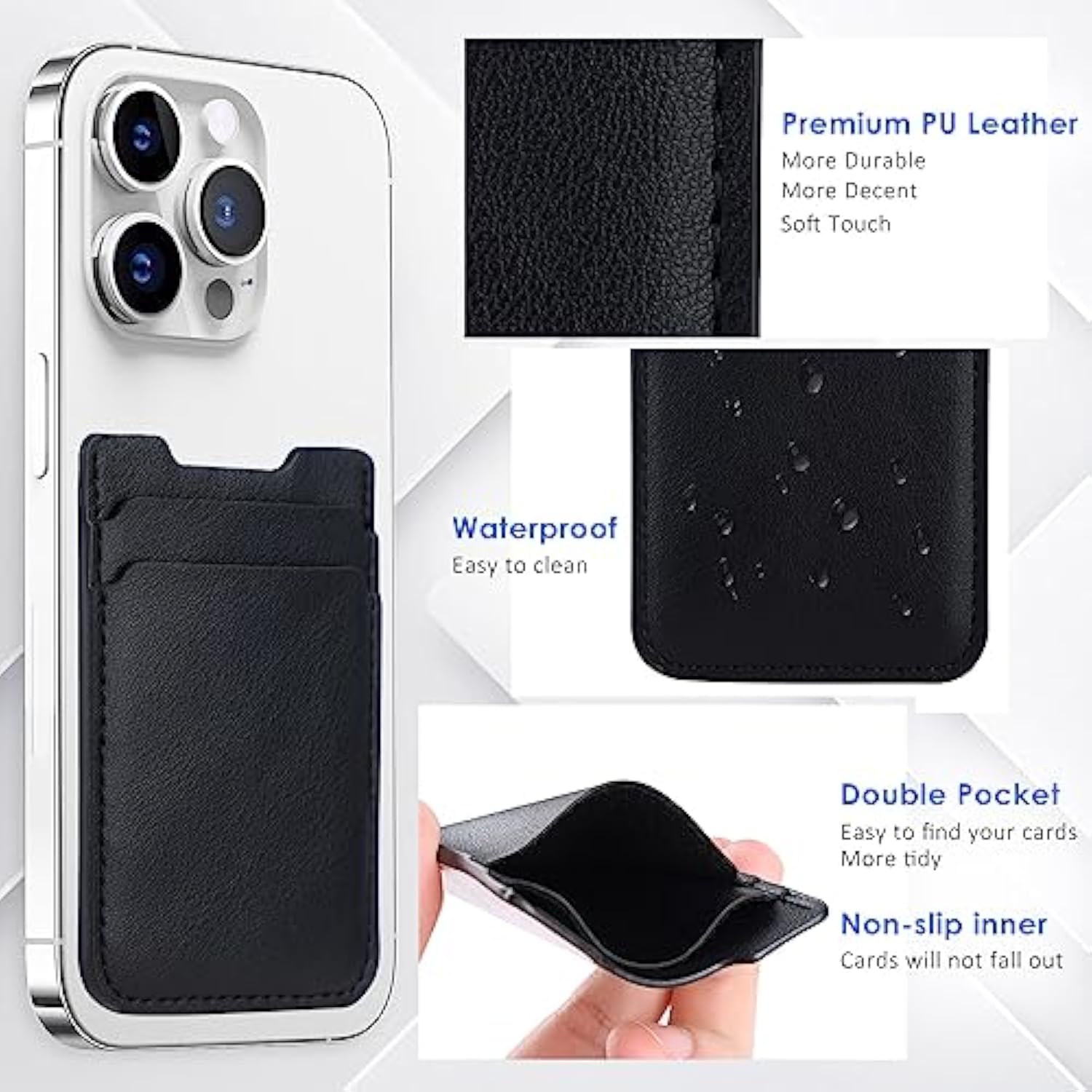 2-Pack Leather Stick-On Phone Wallet, Double Pocket for iPhone, Android - Black