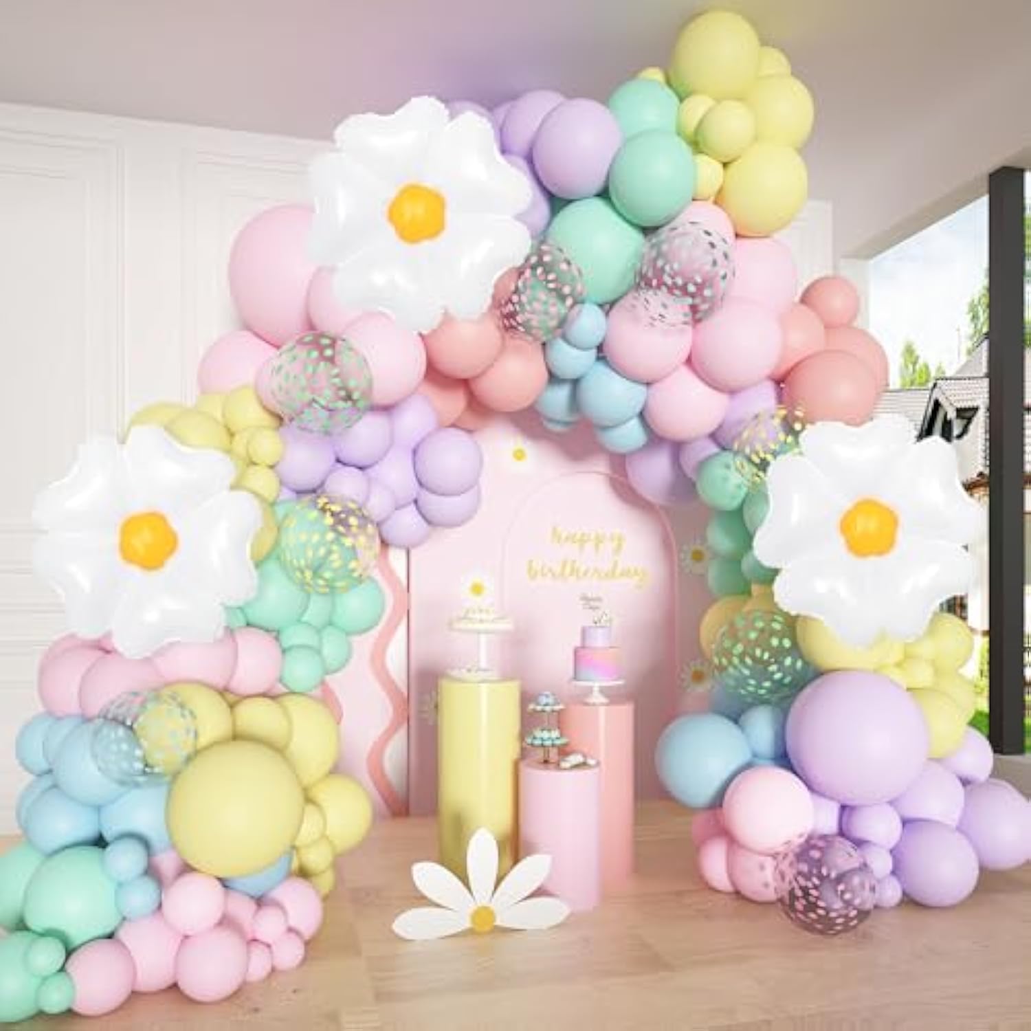 159Pcs Pastel Daisy Balloon Arch Kit – Groovy Floral Decor for Parties & Showers