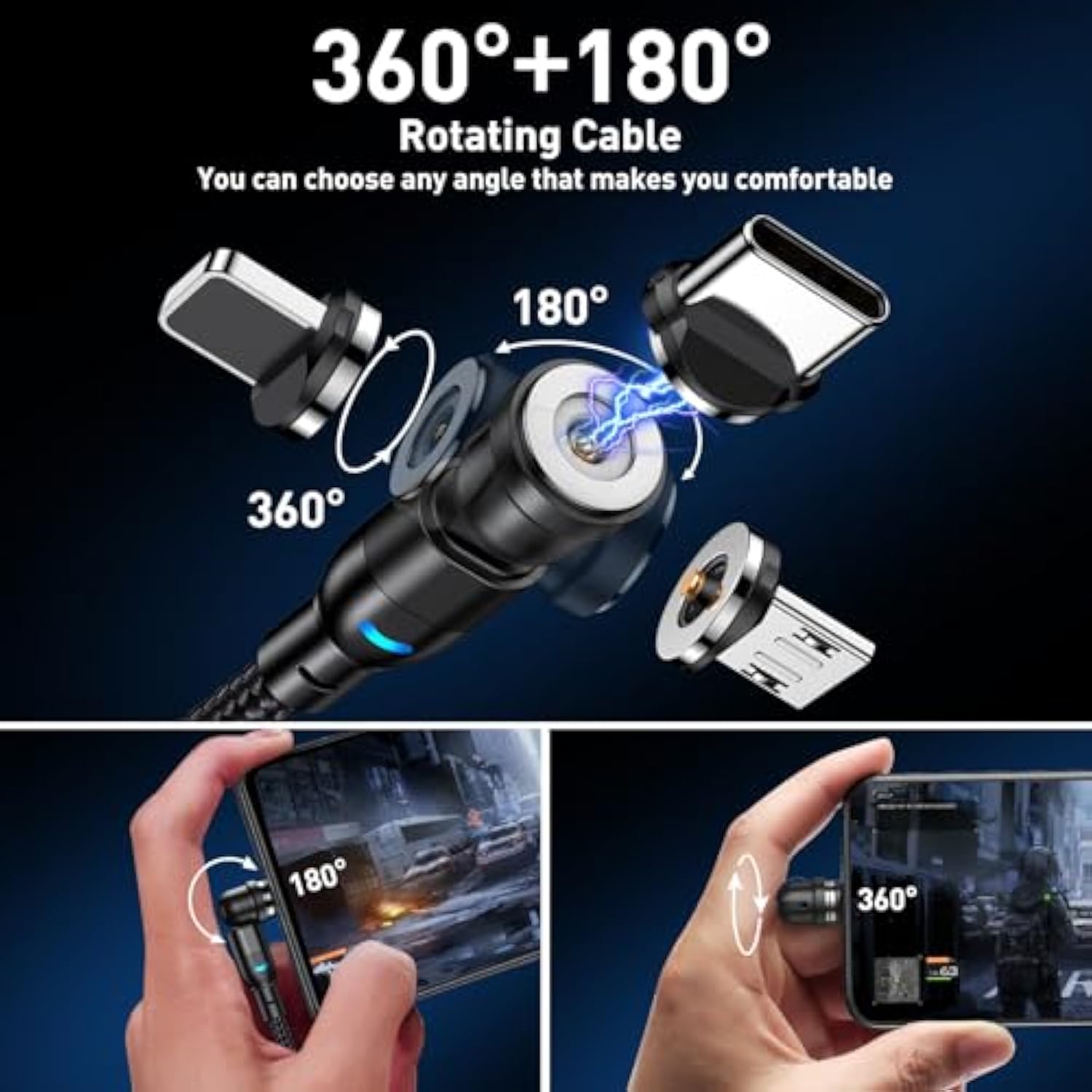 Magnetic Charging Cable 5-Pack (1.6/3.3/3.3/6.6/6.6Ft), 540° Rotating Magnetic