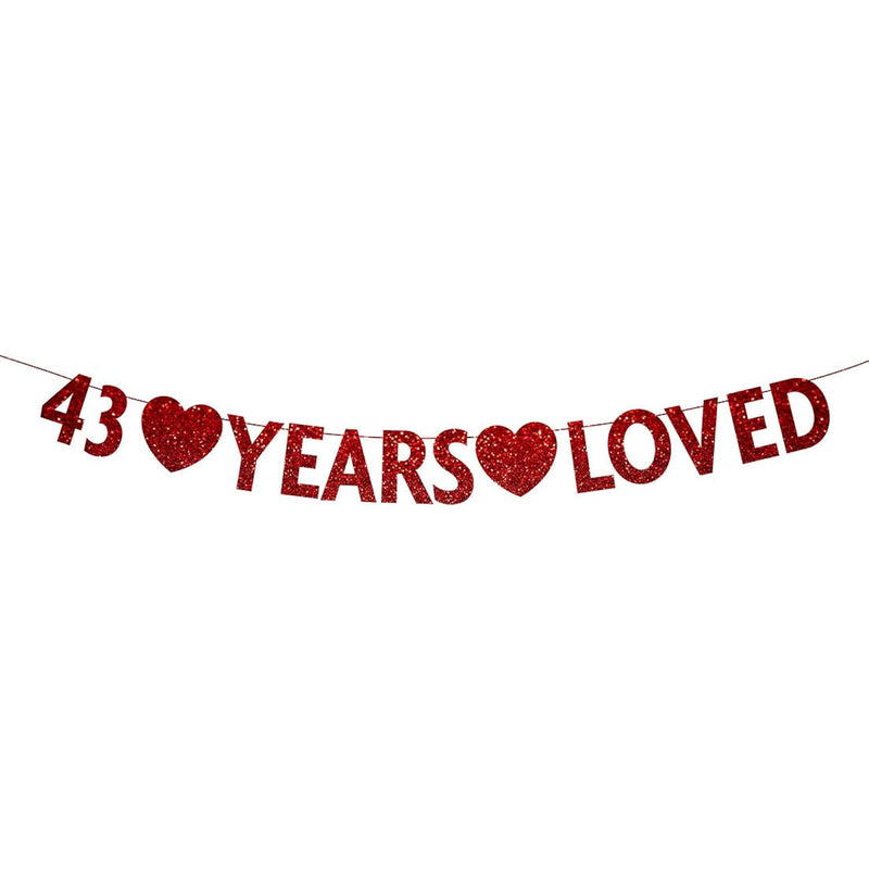 Red 43 Year Loved Banner, Red Glitter Happy 43Th Birthday Party Decora