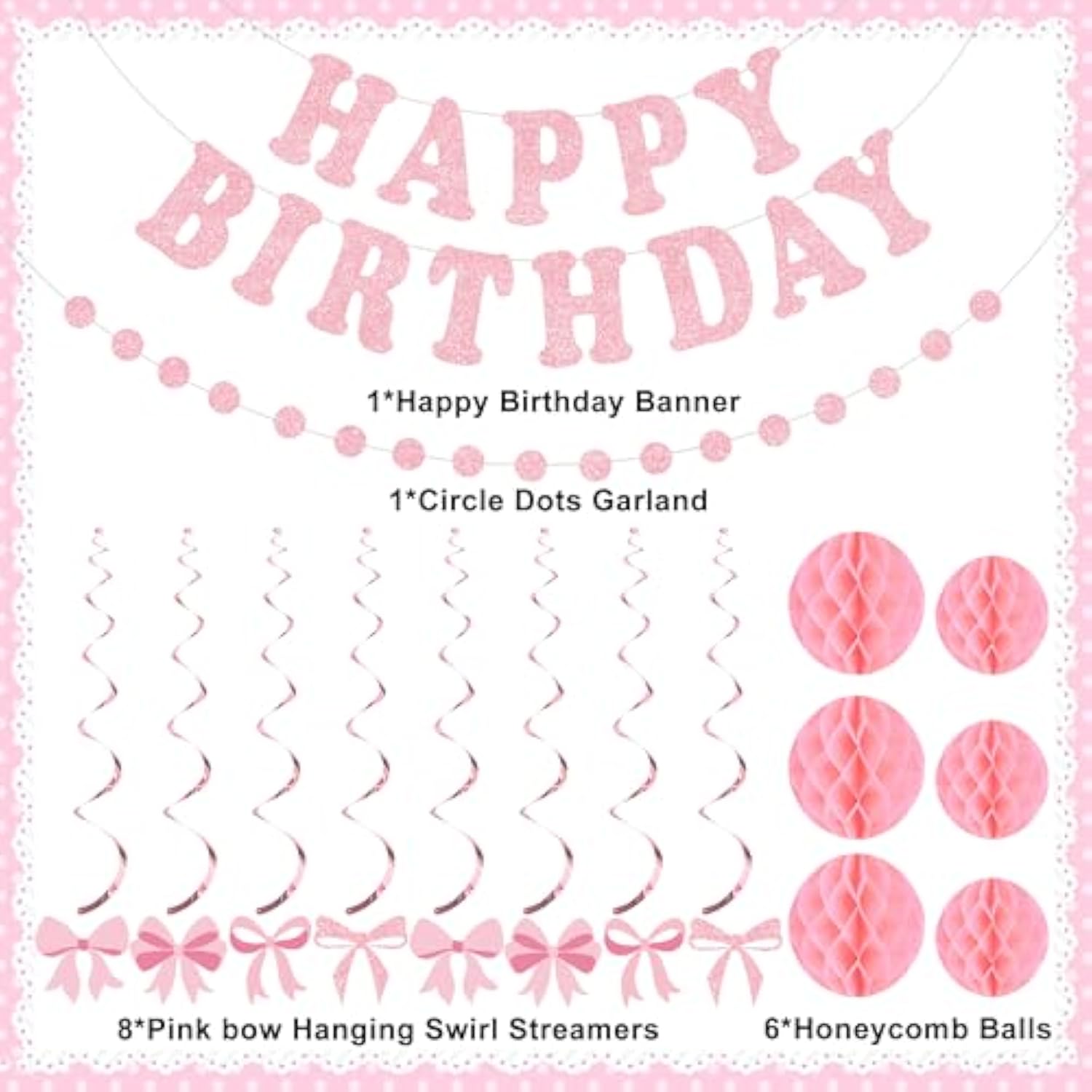 Pink Bow Birthday Party Decorations Pink Glittery Happy Birthday Banner Garland Bow Hanging Swirls And Honeycomb Balls Coquette Birthdays Decor For Women Girls Birthdays Party Supplies