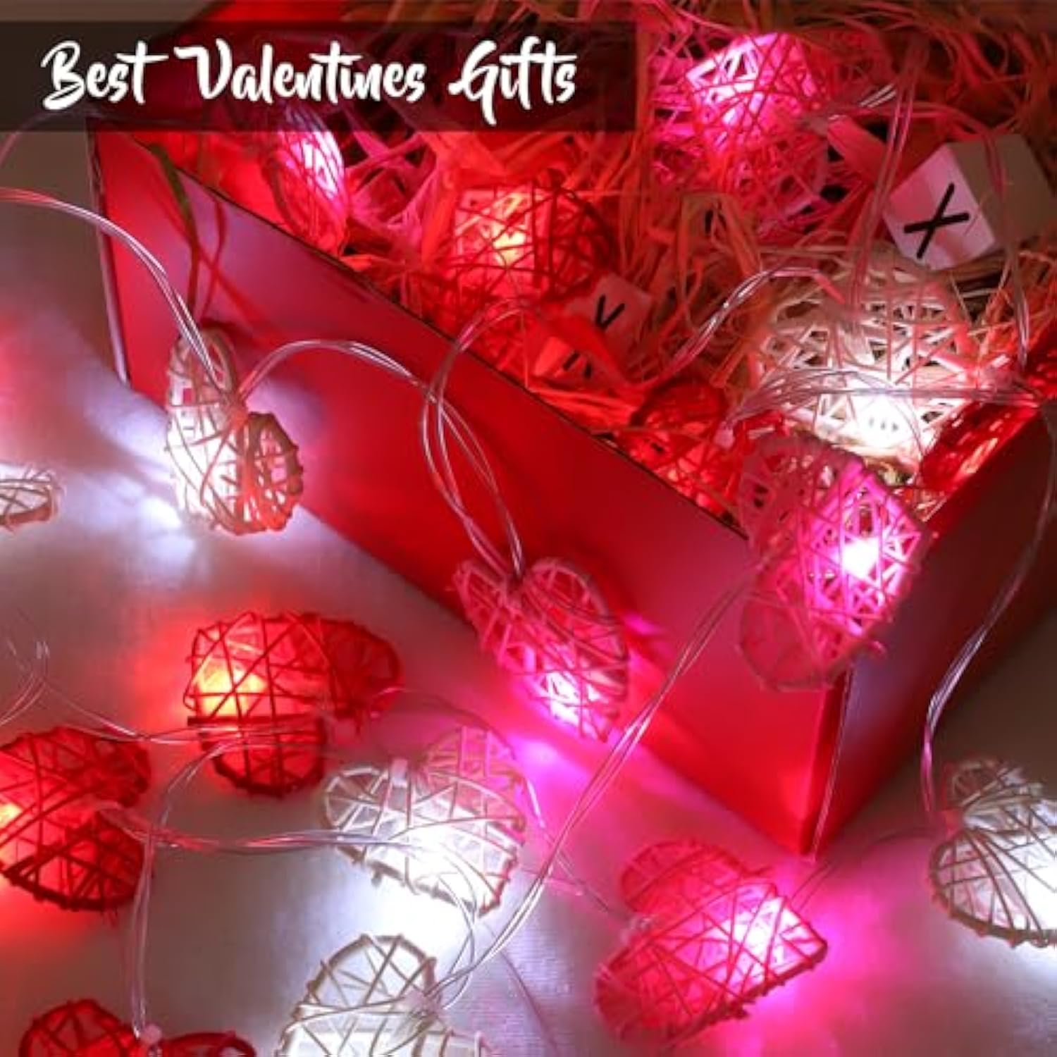 [Timer] Valentines Day Decorations Red Pink White Heart Lights 10Ft 20Led 3D Hollowed Rattan Big Heart String Light Battery Operated, Valentines Day Lights Romantic Valentines Decoration Bedroom Party