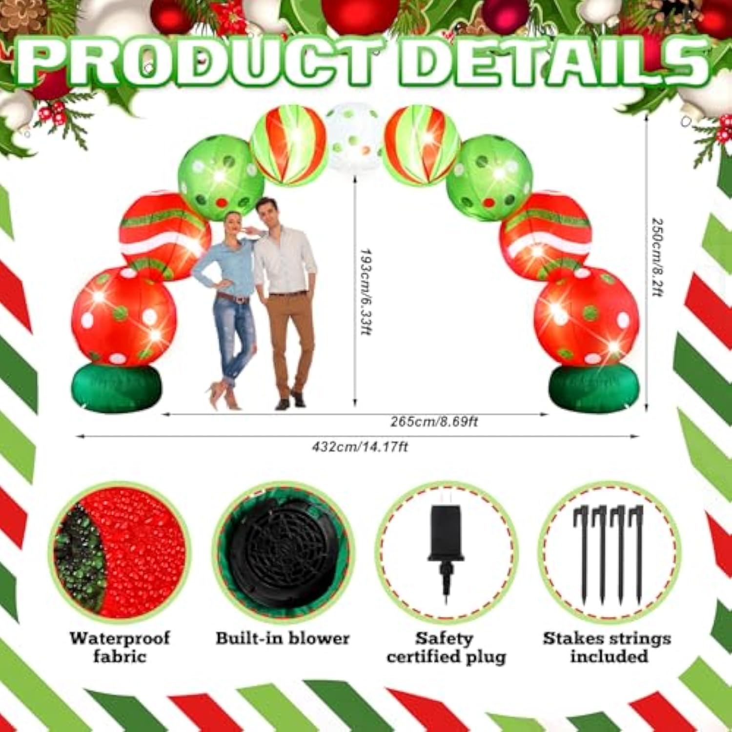 8.2 Ft Giant Christmas Inflatables Archway Christmas Blow Up Ball Arch With Built In Led Lights Lime Green Elf Balls Swi