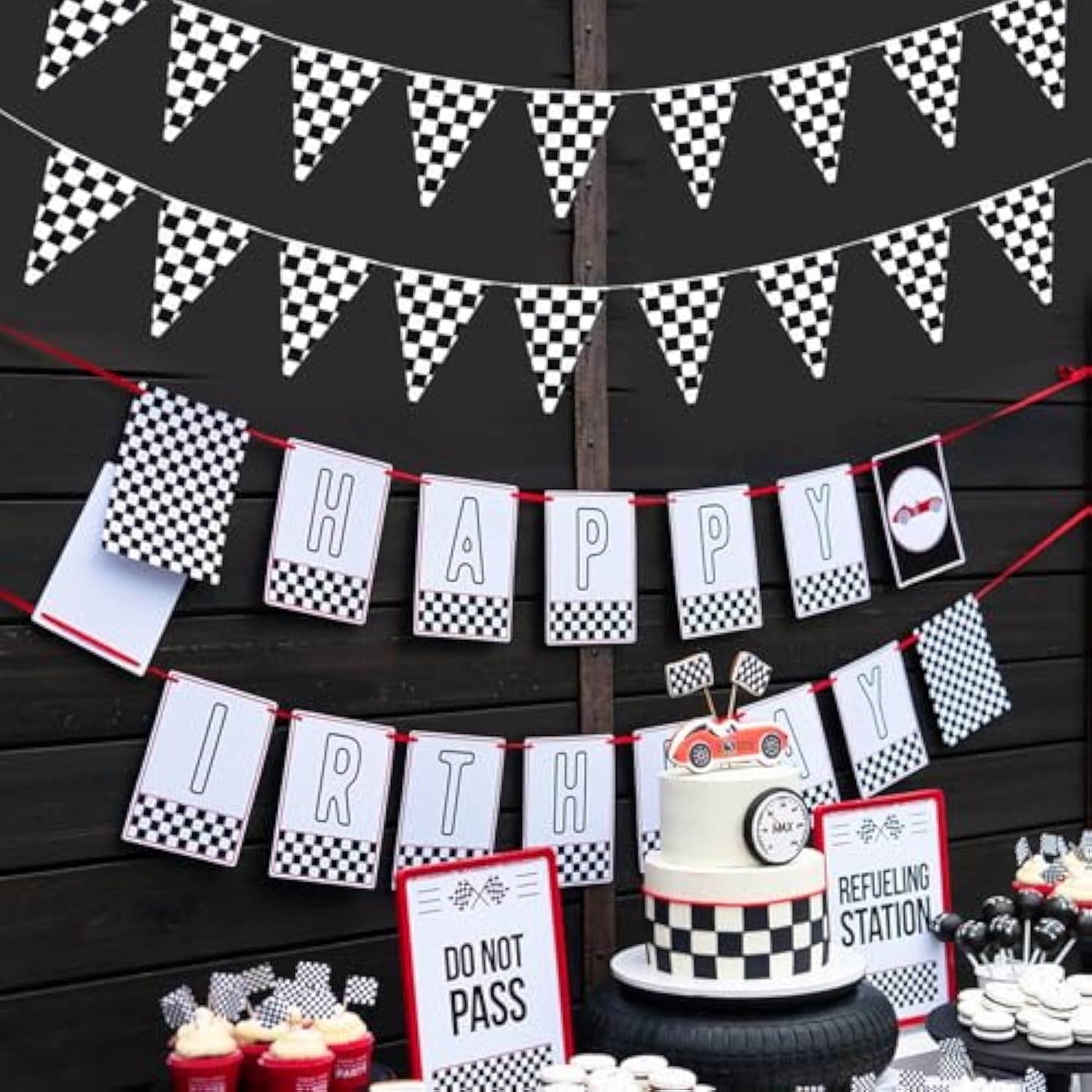 98 Ft Checkered Flag Banner: 48 Pcs Black & White Pennants for Racing Party Decor