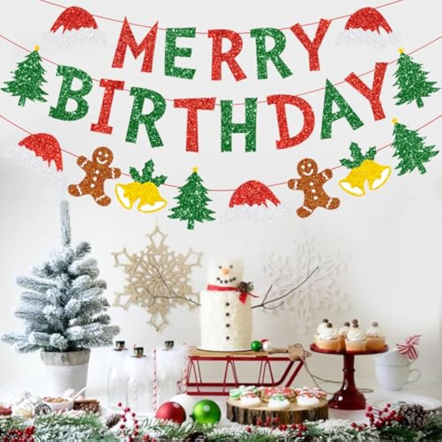 Merry Christmas Birthday Party Decorations Red Green Banner Hanging Paper Tree Gingerbread Man Bells Hat Sign For Xmas Wall Home Garden Outdoor Accessories Supplies