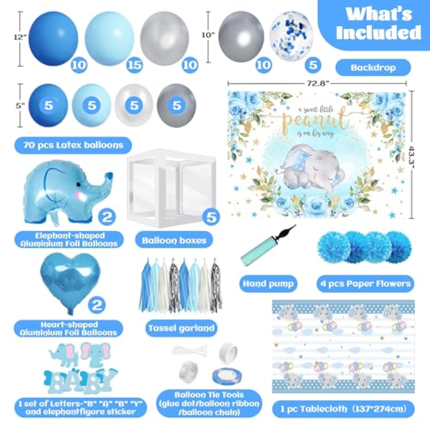 94 Pcs Baby Shower Decorations For Boy, 5 Pcs White Balloon Boxes, 70 Pcs Latex Balloons, Blue Elephant Theme Baby Shower Decorations Gender Reveal Party Supplies