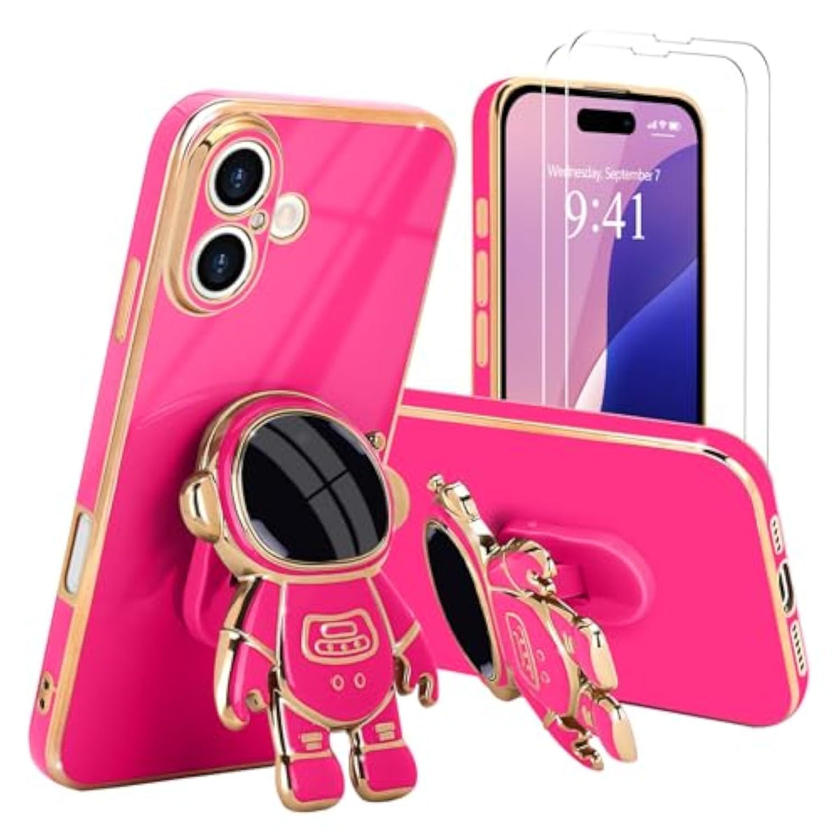 iPhone 16 Plus Case, 3D Astronaut Stand, Camera Protection, Kickstand, Hot Pink