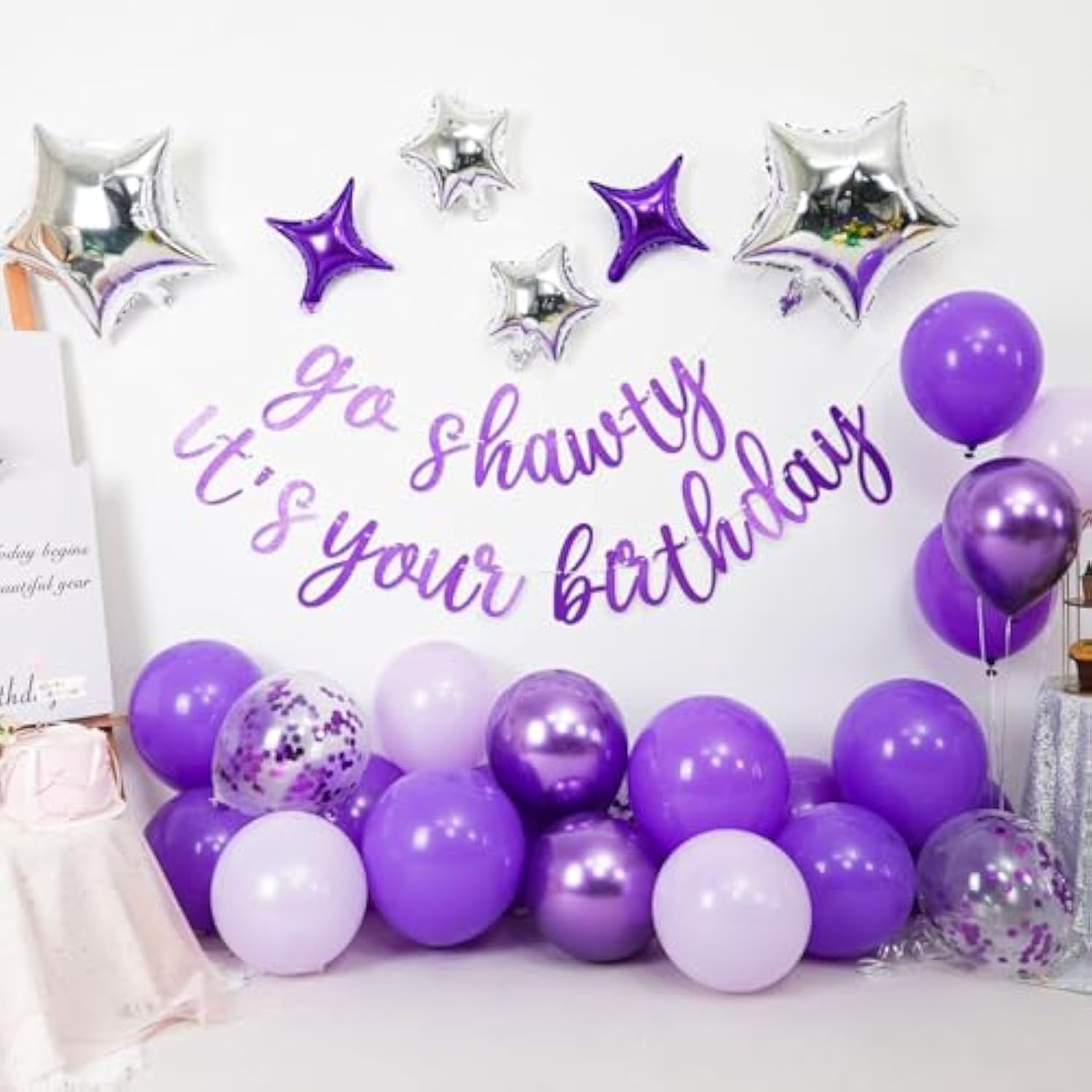 Purple Go Sha It'S Your Birthday Banner Balloons Set, Glitter Happy Birthday Banner With Purple Silver Confetti Balloon Star Foil Balloon For Girls Women Hip Hop Rap Theme Birthday Party Decoration