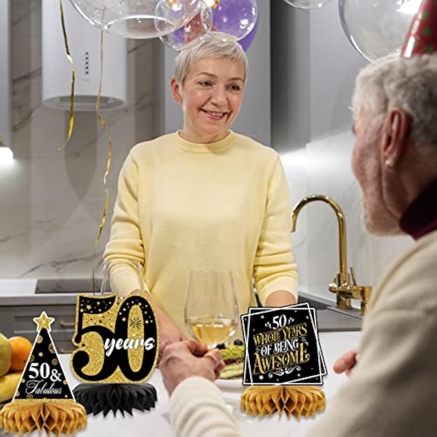 9pc 50th Birthday Table Centerpieces Gold & Black Decorations for Men & Women