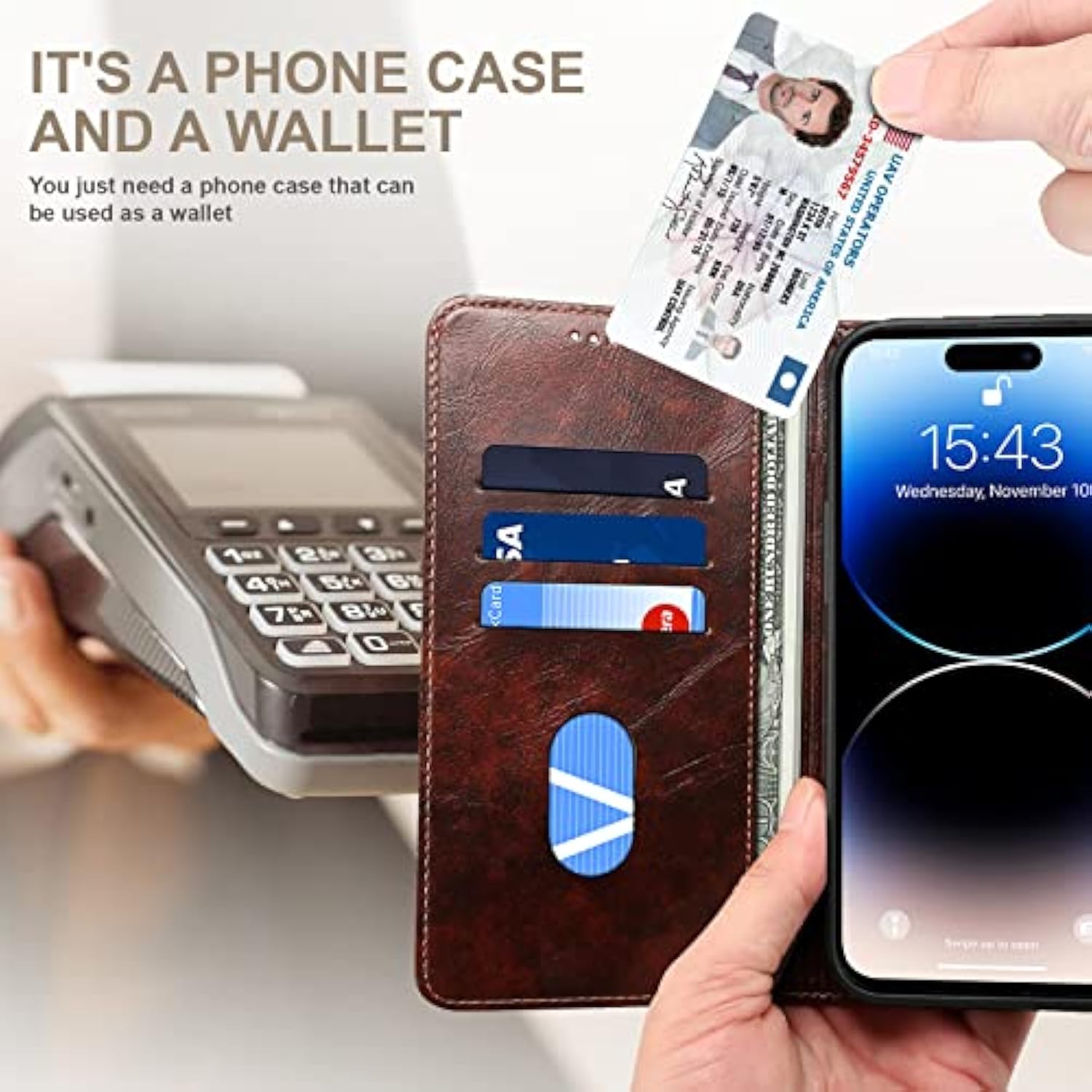 Compatible With Iphone 15 Pro Max Case Wallet, Flip Cover With Magnetic Kickstand, Credit Card Holder, Leather Folio Case For Iphone 15 Pro Max Brown