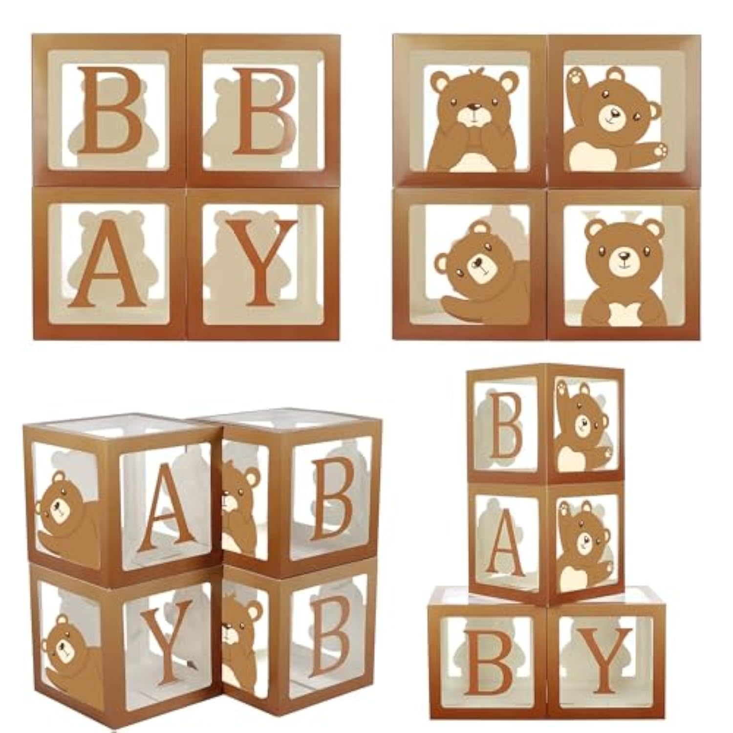 Sweet Baby Teddy Bear Baby Shower Boxes Decorations Clear Blocks 4 Letters Transparent Block We Can Bearly Wait Themed Neutral Backdrop Theme Centerpiece First Birthday Gender Reveal Balloon