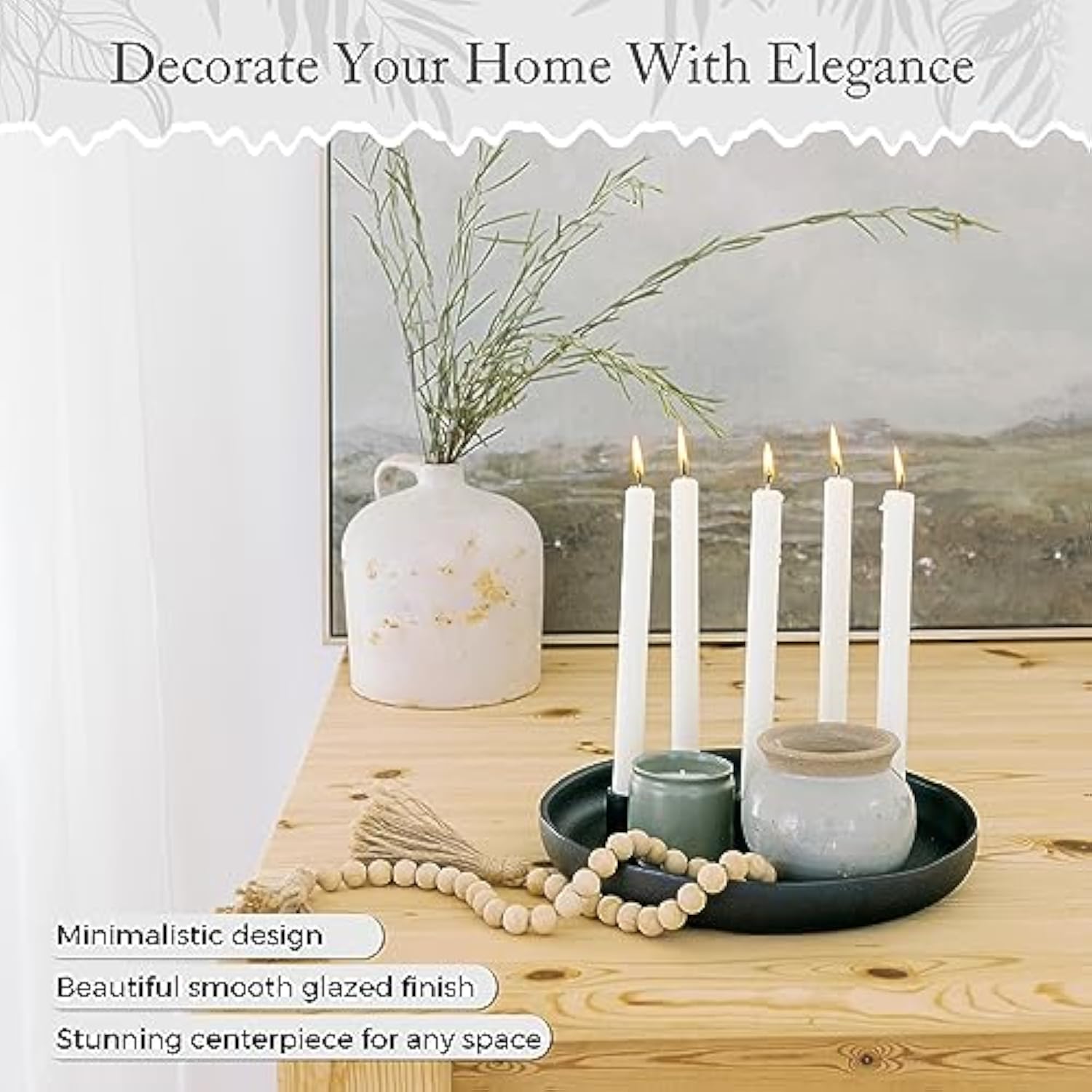 Black Candlestick Holders - Large Ceramic Black Taper Candle Holder W/ 12” Round Base & 5 Holders, Advent Wreath, Christmas, Fall & Halloween Decor Candle Holders