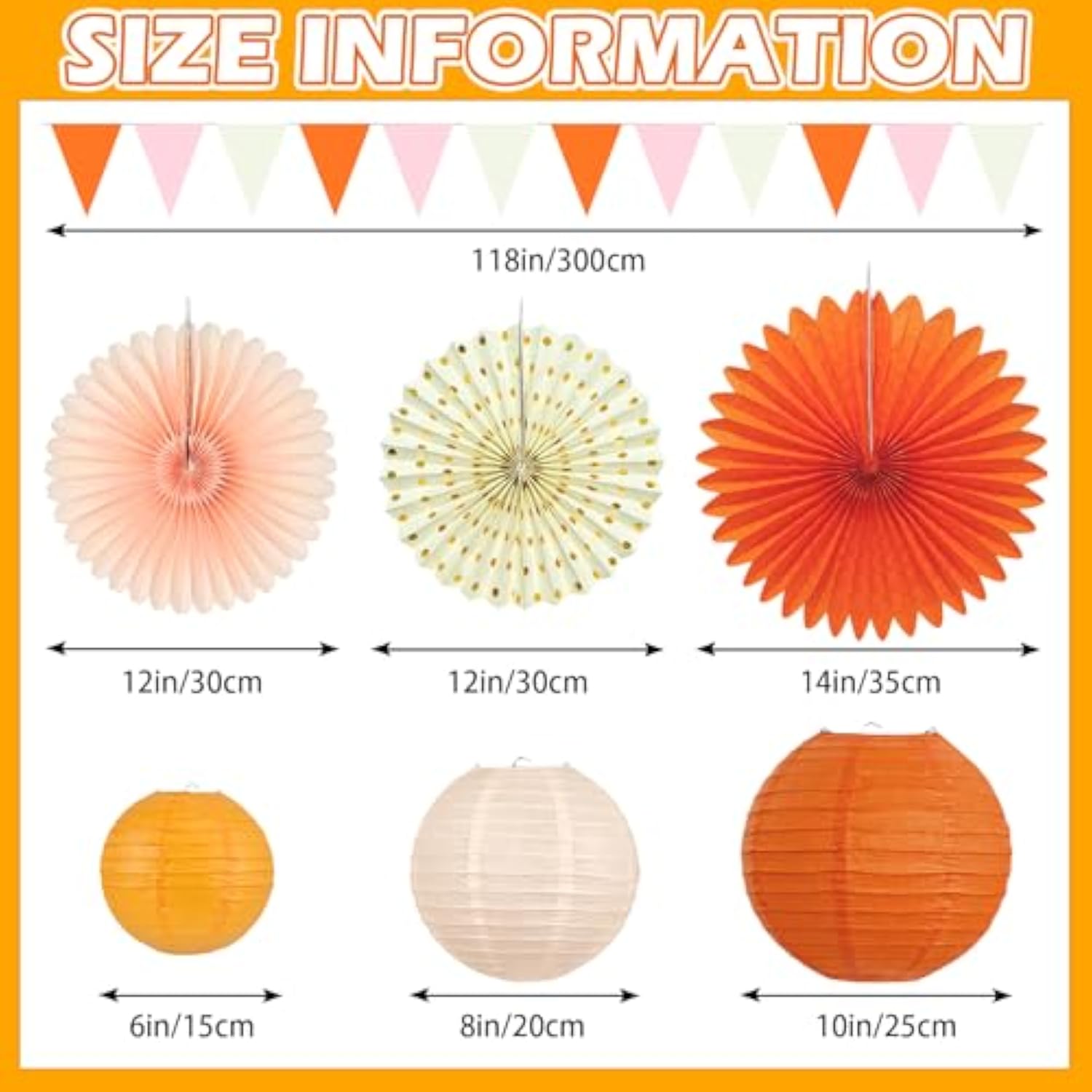 15Pcs Autumn Pink And Orange Party Decorations, Hanging Orange Paper Lanterns Honeycomb Paper Fans Triangle Flag Banner For Girls Women Baby Shower One Sweet Peach Birthday Thanksgiving Party Decor