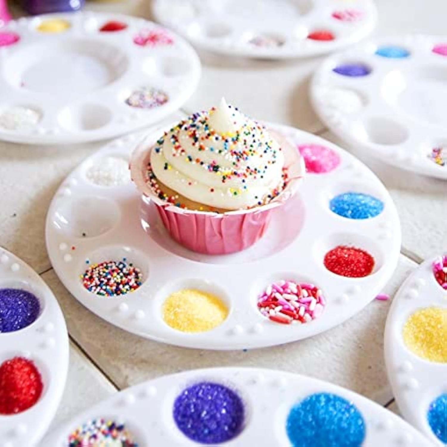 Cupcake Decorating Plates For Kids Party, Kids Cupcake Holder Decorating Tray With 10 Wells For Dessert Sprinkles, Kids Birthday Party Supplies(Set Of 10)