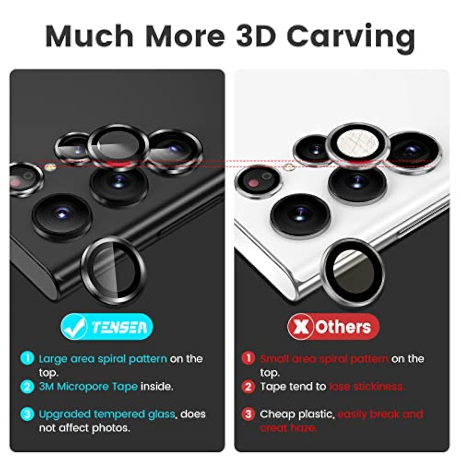 [3+2Pcs For Samsung Galaxy S22 Ultra Camera Lens Protector, 9H Tempered Glass Camera Cover Screen Protector Metal Individual Ring For S22 Ultra 5G 2022 [Installation Tray][Removal Tool]- Black