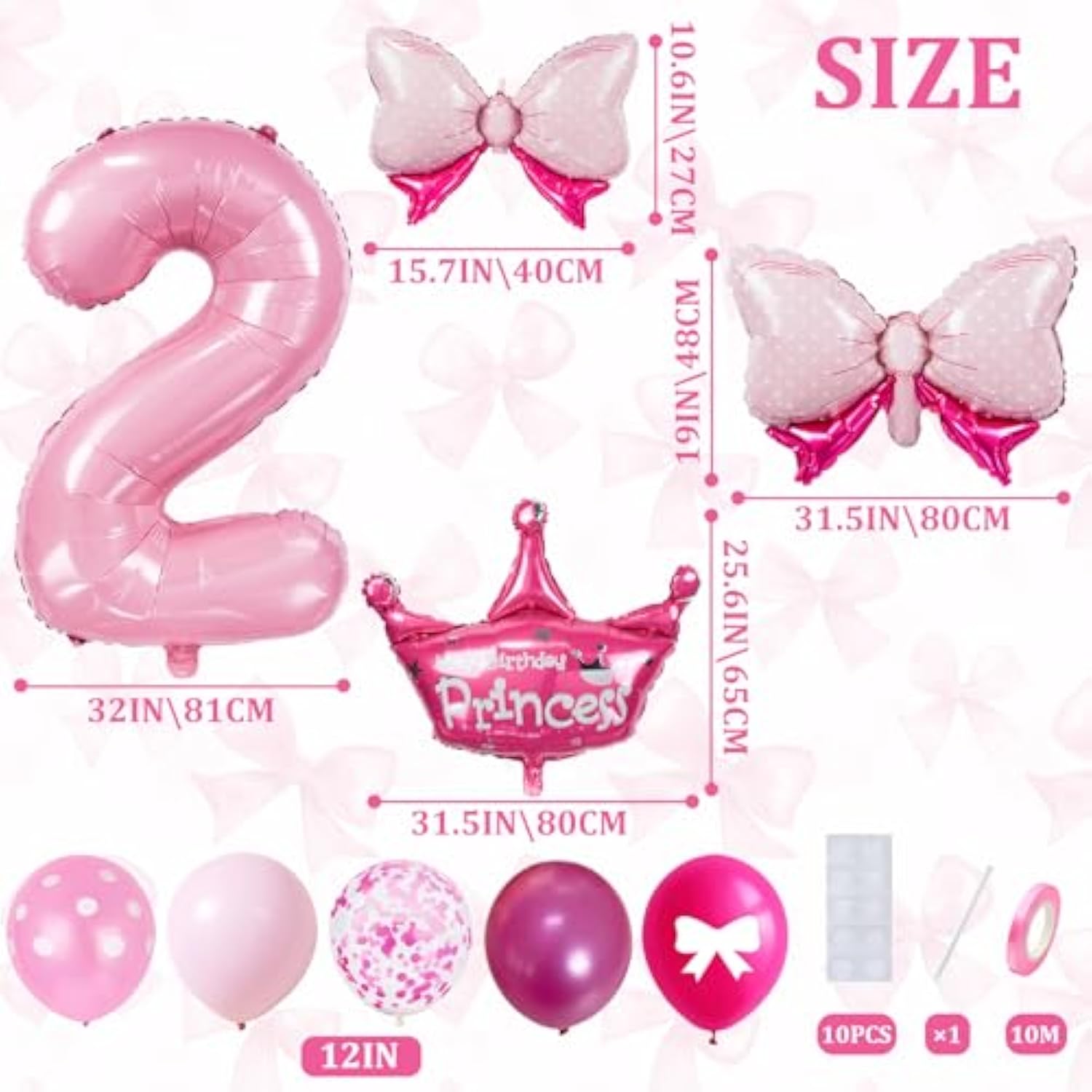 32" Number 2 Balloon Set with Bows & Crown Pink Princess Birthday Decor for Girls