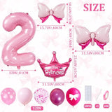 32" Number 2 Balloon Set with Bows & Crown Pink Princess Birthday Decor for Girls