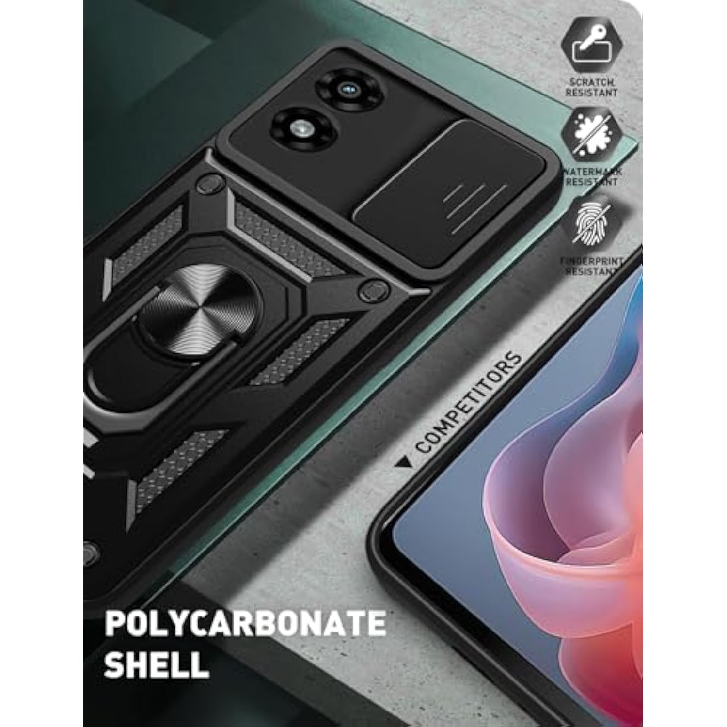 Moto G Play 2024 Case with Screen Protector Sliding Camera Cover Stand Black