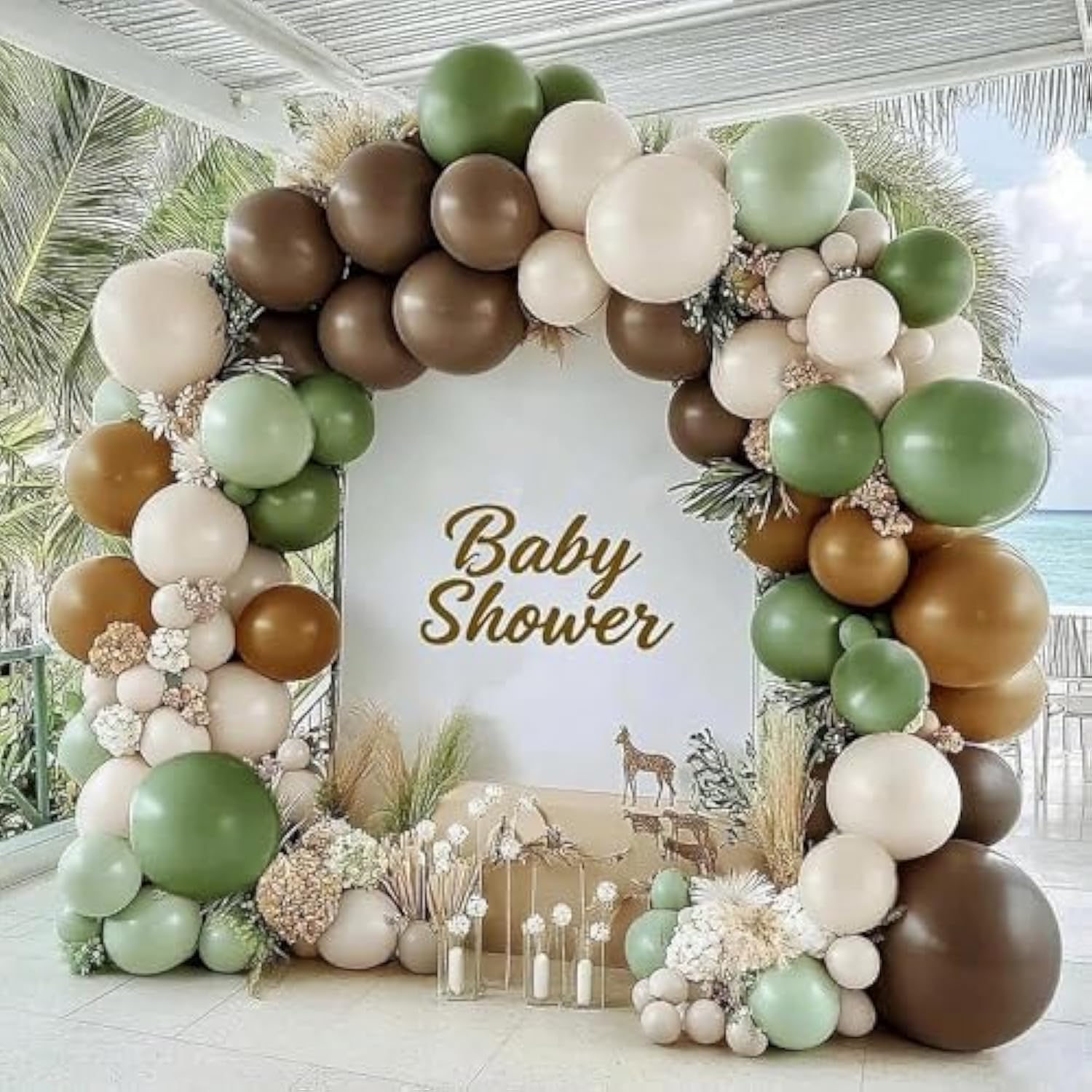 Green Brown Balloon Garland - Double Stuffed Pastel Light Sage Green White Sand Balloons Dark Tan Olive Balloon Arch Kit For Birthday Bridal Shower Woodland Baby Shower Safari Jungle Party Decorations