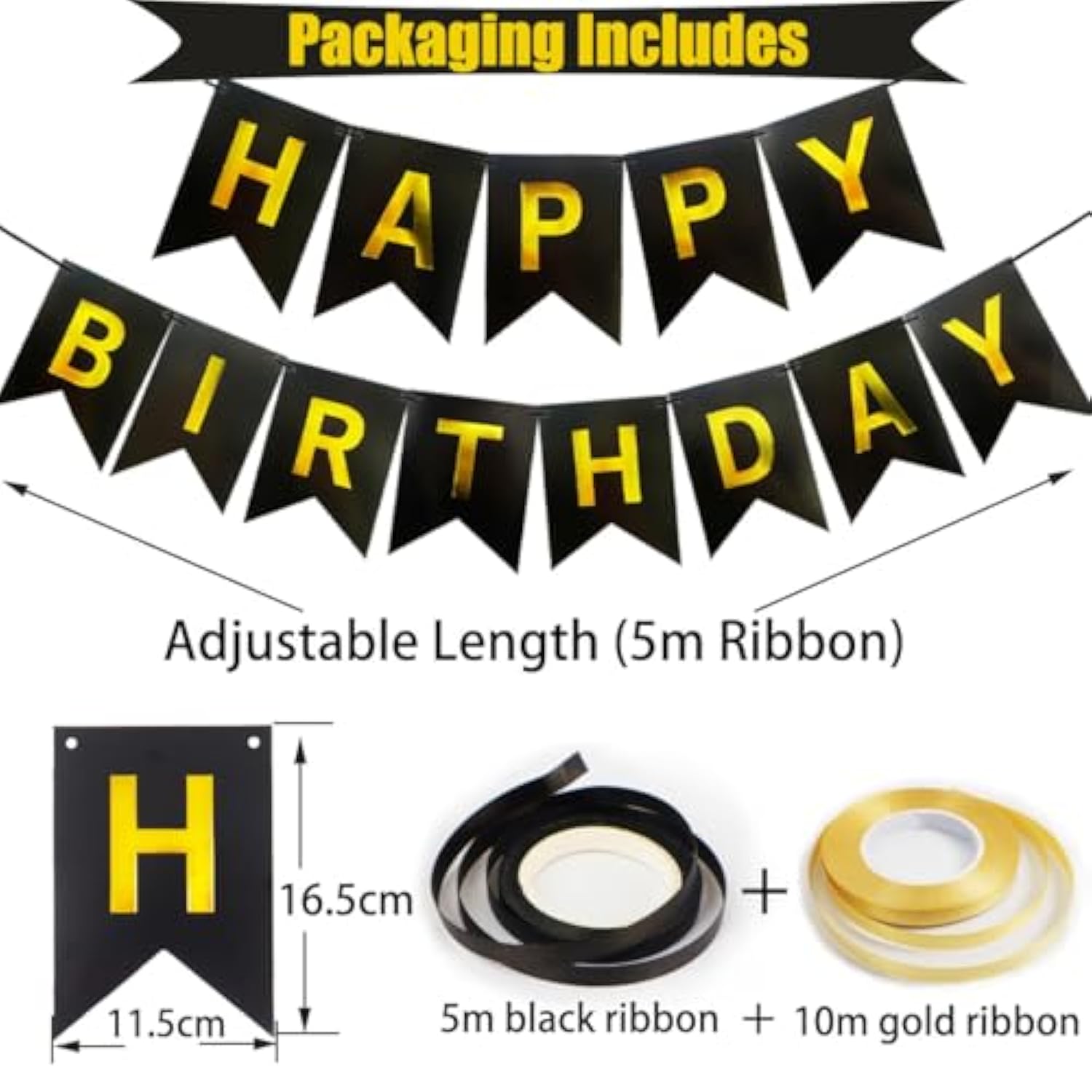 Happy Birthday Banner, Black Gold Birthday Decoration, 16 Pcs 12In Balloons With 2 Ribbons For Men Women Girls And Boys Birthday Party Decoration