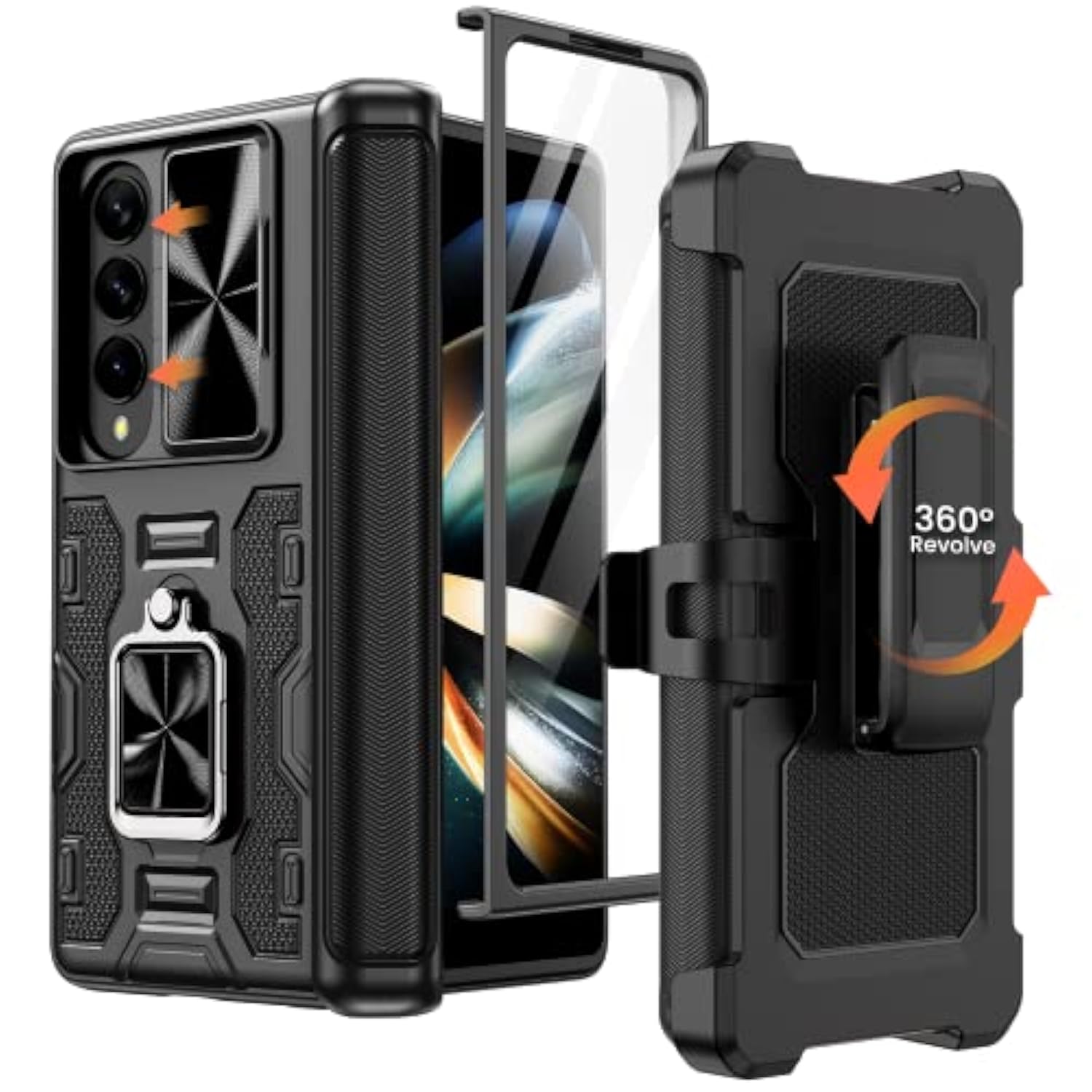 For Z Fold 4 Case, Galaxy Z Fold 4 Case With Kickstand & Belt-Clip Holster Camera Cover With Built-In 360°Rotate Ring Stand Magnetic Case For Samsung Galaxy Z Fold 4 -Black