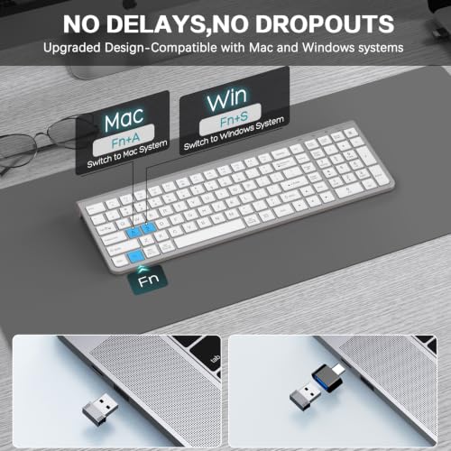 Wireless Keyboard, Ergonomic,Dustproof,2.4G Slim And Compact Quiet Wireless Keyboard With Number Keypad For Windows, Macbook Pro/Air, Laptop, Desktop, Pc-Sliver&White