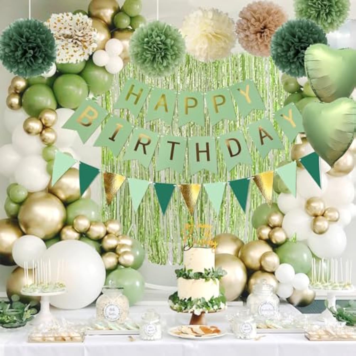 Sage Green & Gold Birthday Decor with Balloons, Banner & Fringe Curtain Backdrop