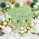 Sage Green & Gold Birthday Decor with Balloons, Banner & Fringe Curtain Backdrop