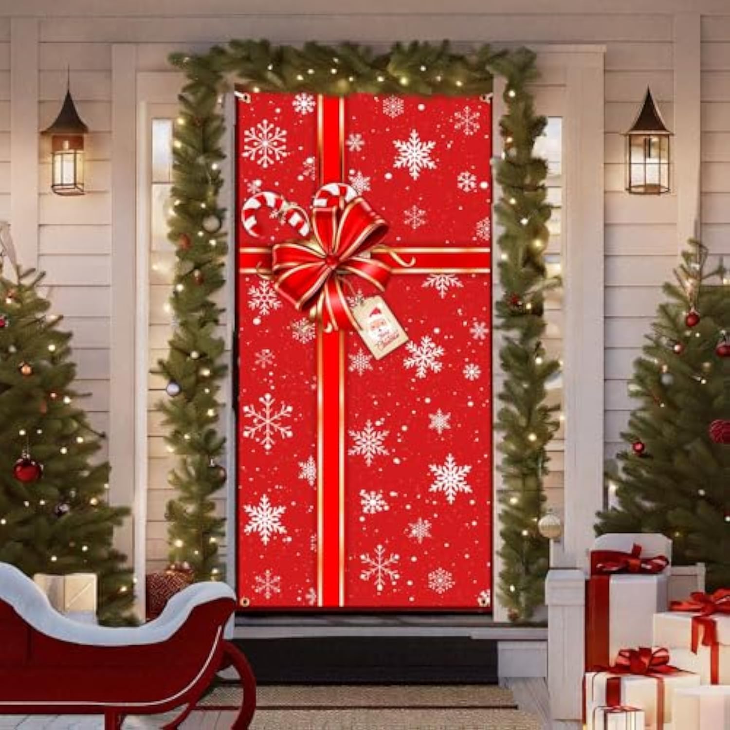 Red Christmas Door Decorations - 72.8 X 35.4 Inch Merry Xmas Cover Banner For Front Door | Outdoor Holiday Porch Signs With Bowknot, Party Supplies, Easy Hanging Winter Photo Booth Props