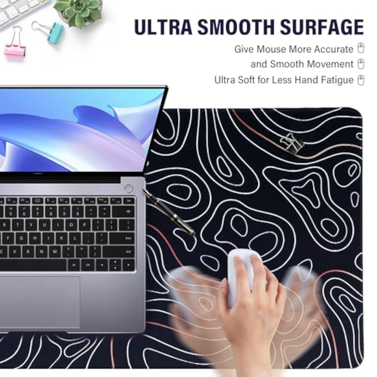 Large Gaming Mouse Pad With Stitched Edges, Minimalist Topographic Map Desk Mat, Extended Xl Mousepad With Anti-Slip Base, Cool Desk Pad For Keyboard And Mouse, 35 X 15.5 In