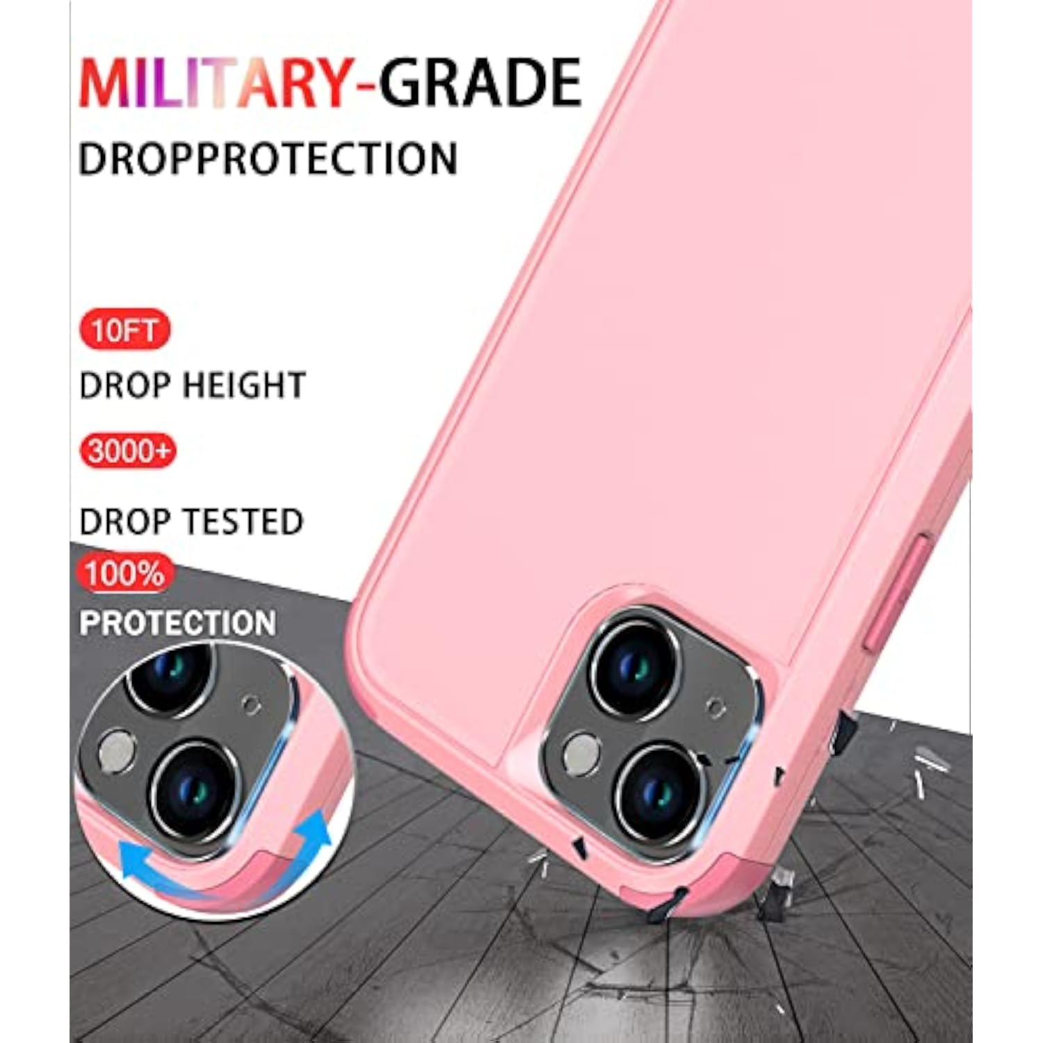 Heavy Duty Protection Phone Case Cover for Apple iPhone 14 with Tempered Glass Screen and Camera Lens Protector, Pink