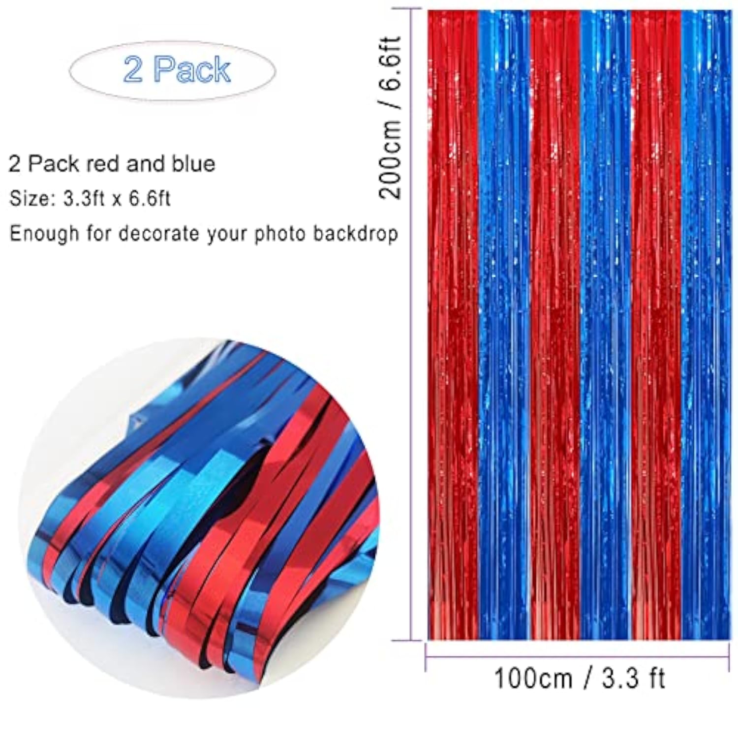 2Pack Red & Blue Foil Fringe Curtains, Tinsel Streamer Backdrops for Party Decor