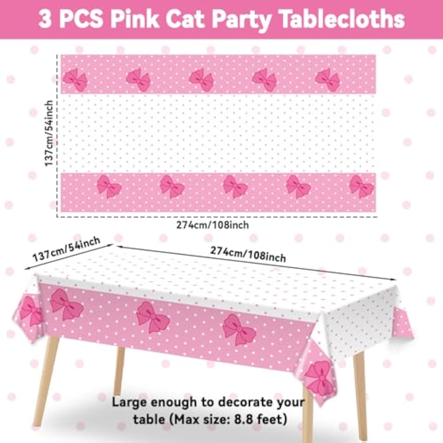 3 Pcs Pink Cat Tablecloths Cute Cat Party Decorations Cute Cartoon Theme Birthday Table Covers Pink Bow Wall Backdrop Plastic Disposable Rectangle For Baby Shower Birthday Party Supplies 54 X 108 Inch
