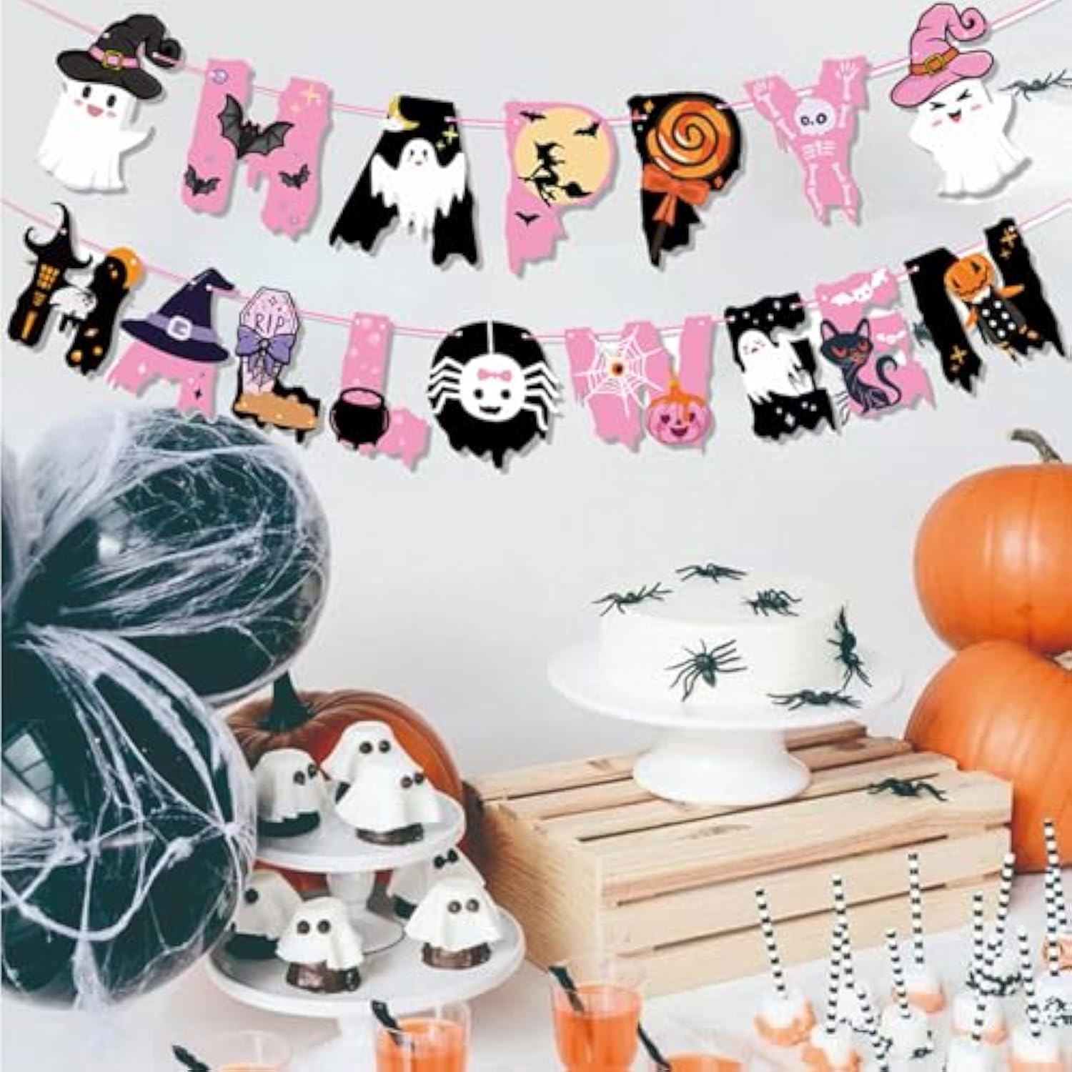 Pink Happy Halloween Banner Ghost Boo Pumpkin Bat Witch Spider Bunting Party Decorations