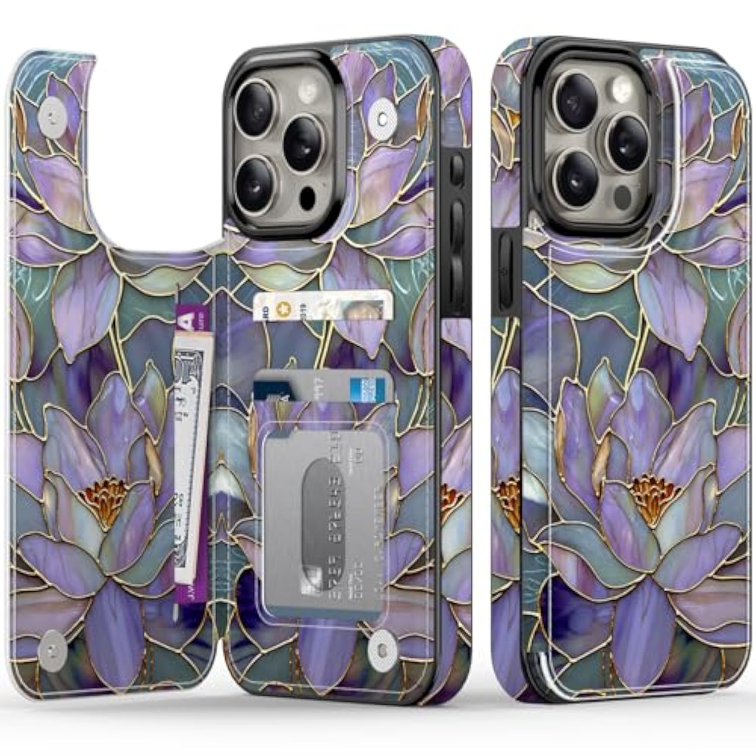 For Iphone 13 Pro Wallet Case With Card Holder, Rfid-Blocking, Military-Grade Protection & Uv-Printed Artwork, Magnetic Closure With Leather Kickstand - Dreamy Lotus