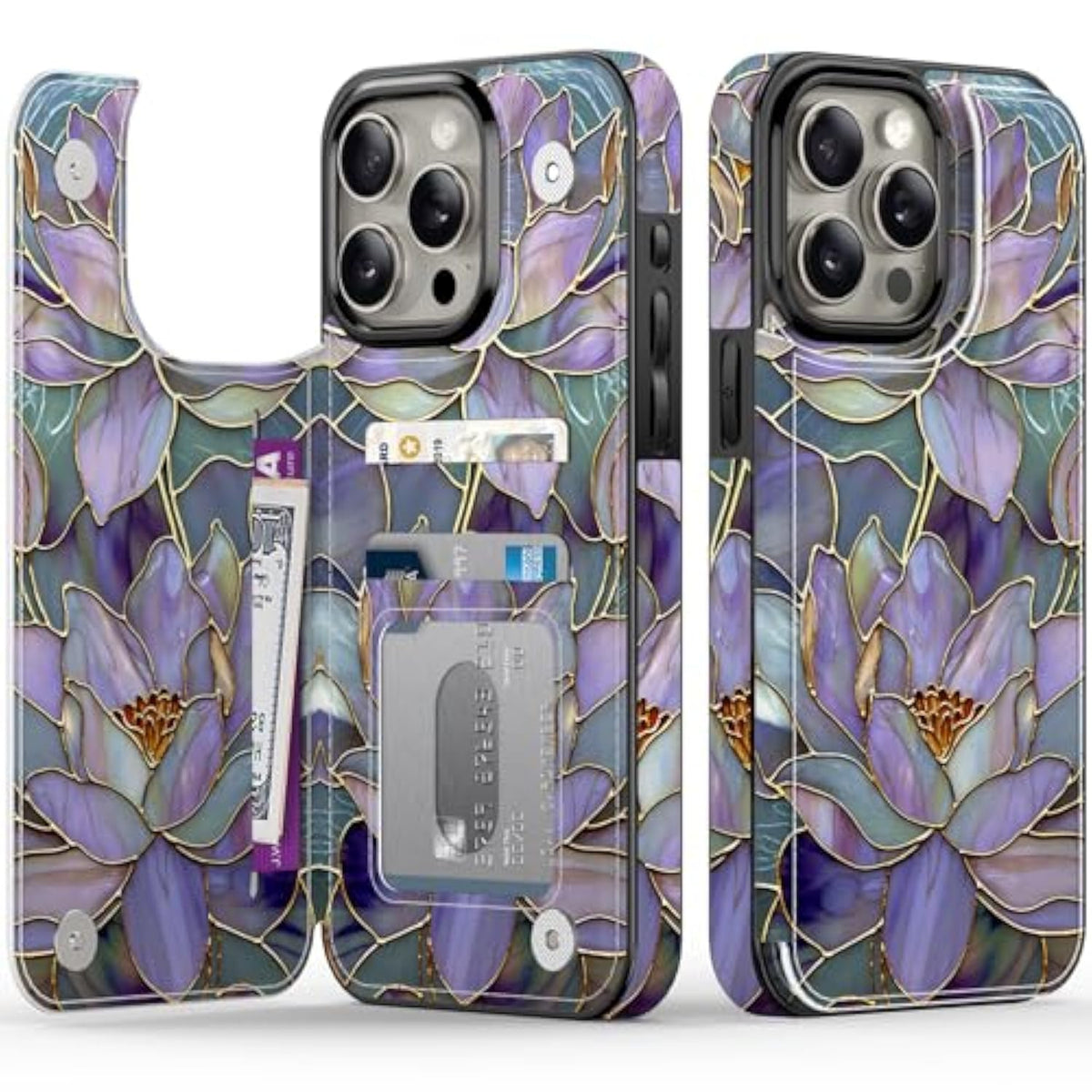 For Iphone 13 Pro Wallet Case With Card Holder, Rfid-Blocking, Military-Grade Protection & Uv-Printed Artwork, Magnetic Closure With Leather Kickstand - Dreamy Lotus