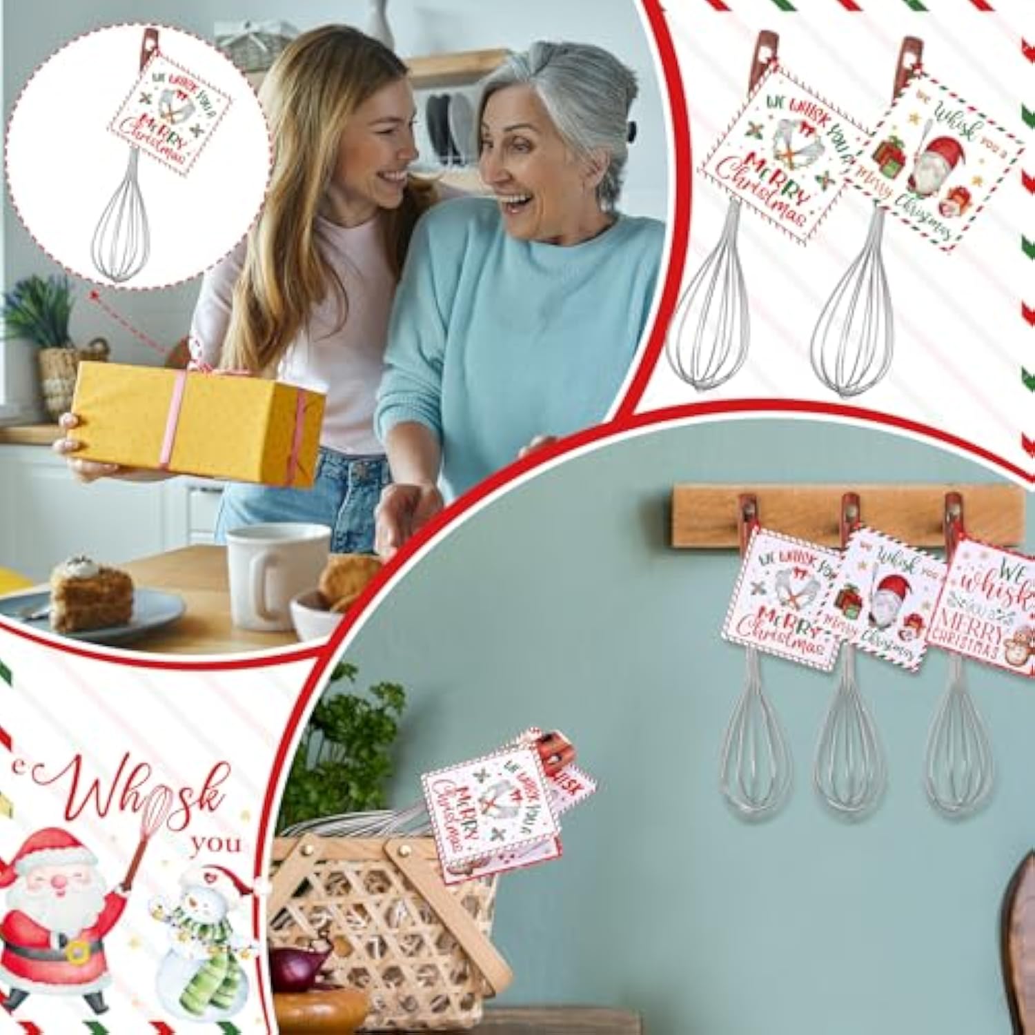 6 Set/12 Pcs Christmas Whisks Gifts Includes 6 Pcs 10 Inch 304 Stainless Steel Whisk With Wooden Handle And 6 We Whisk You A Merry Christmas Greeting Cards For Xmas Cooking Supplies