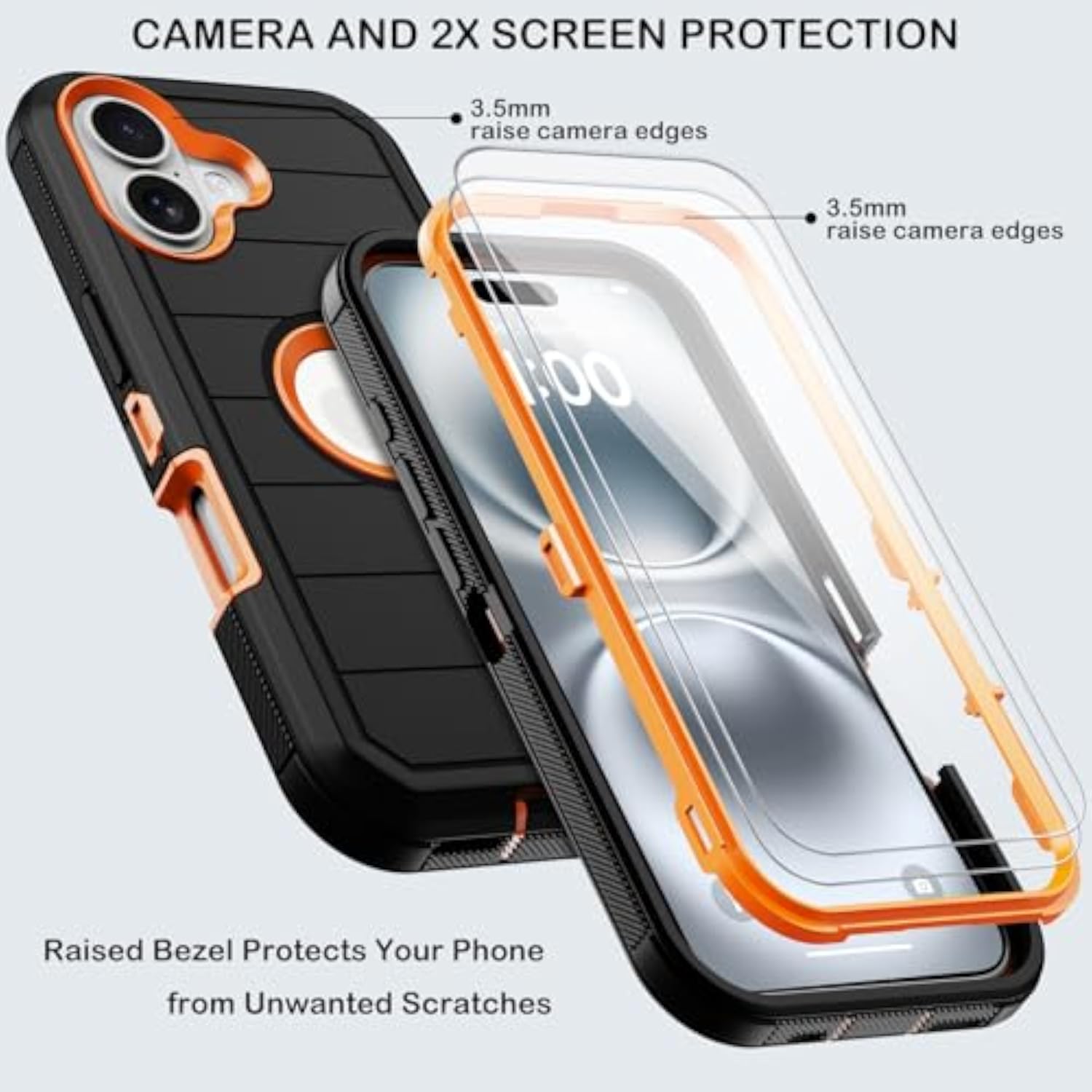 Heavy Duty Shockproof iPhone 16 Case with Belt Clip Holster, 2X Screen Protectors, 3 Layers Full Covered Rugged Durable Phone Cover with Kickstand 6.1" Black Orange