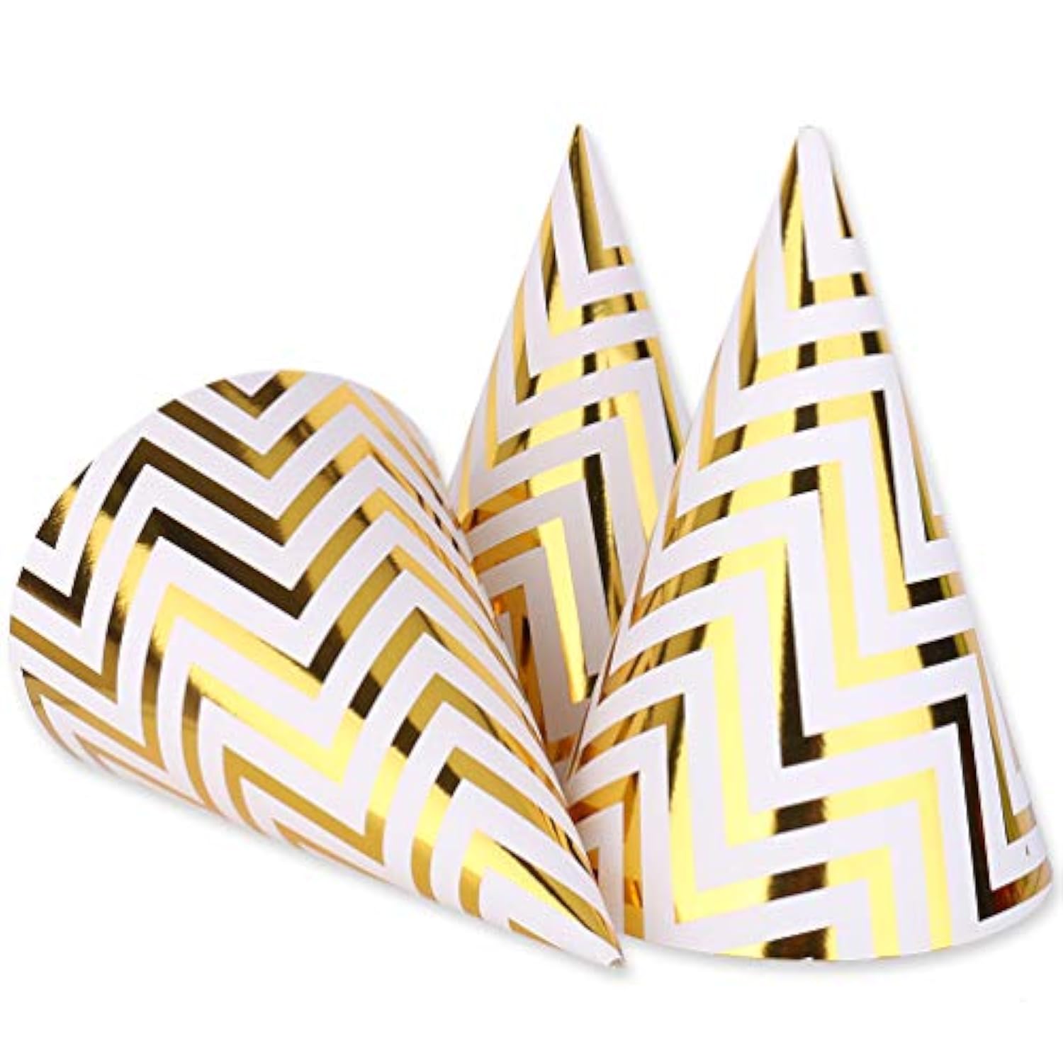 10 Pack Gold Party Hats For Adults And Kids, Birthday Party Hats Bulk With Adjustable Elastic String, Diy Paper Cones 7.9 Inch, Metallic Foil Wave Pattern For Men Women Pets New Years Eve Props